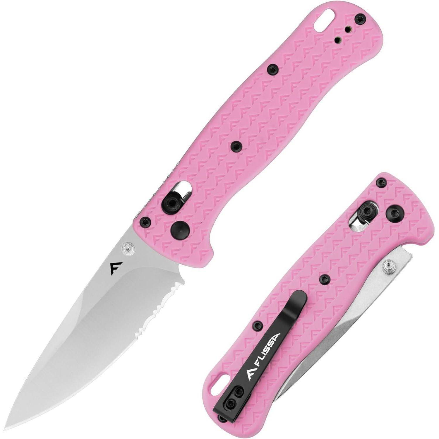 Ein Klappmesser mit rosa Griff, das sowohl geöffnet als auch geschlossen gezeigt wird. Die Klinge ist teilweise gezahnt, und der Griff zeigt ein strukturiertes Muster.