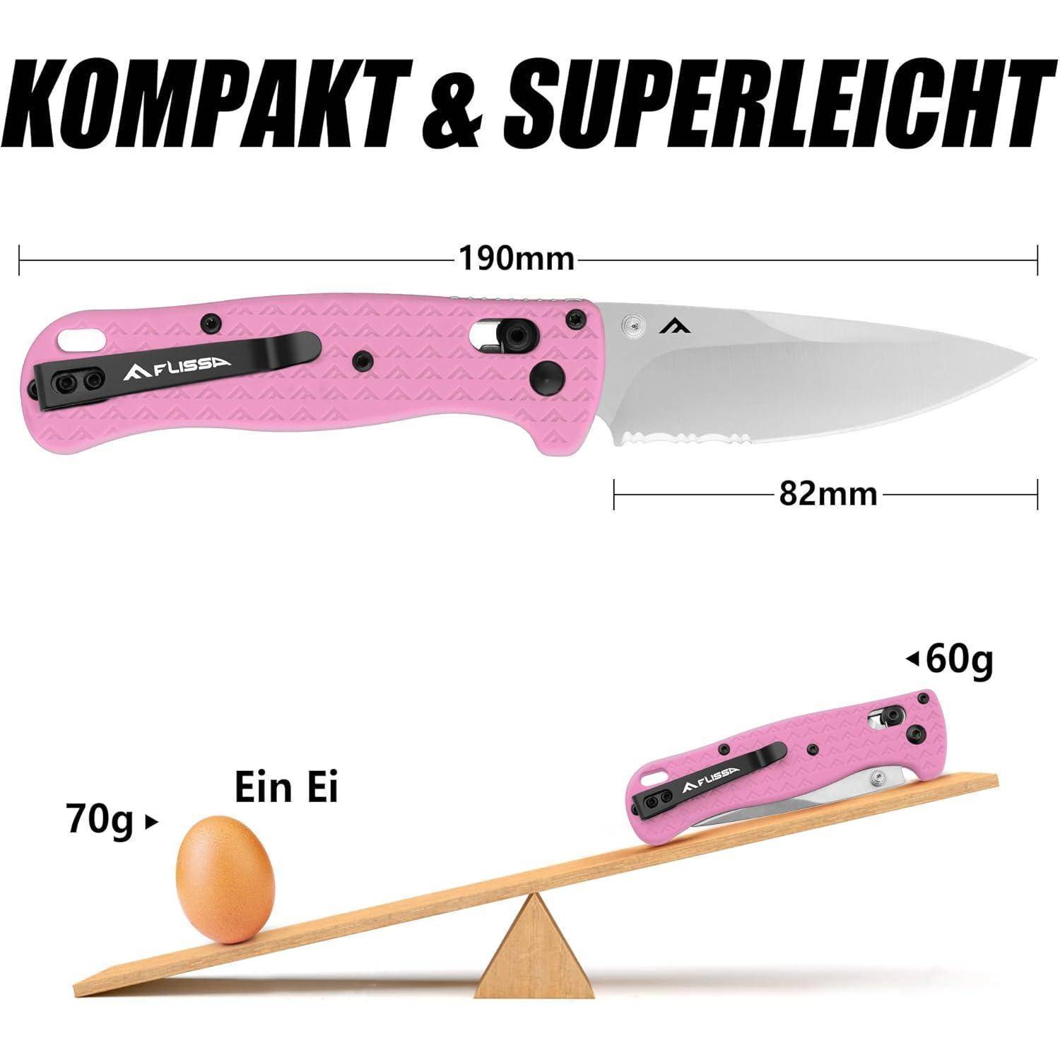 Kompaktes & superleichtes Messer gezeigt, Gesamtlänge 190 mm, Klinge 82 mm. Zweites Bild vergleicht das Gewicht des Messers (