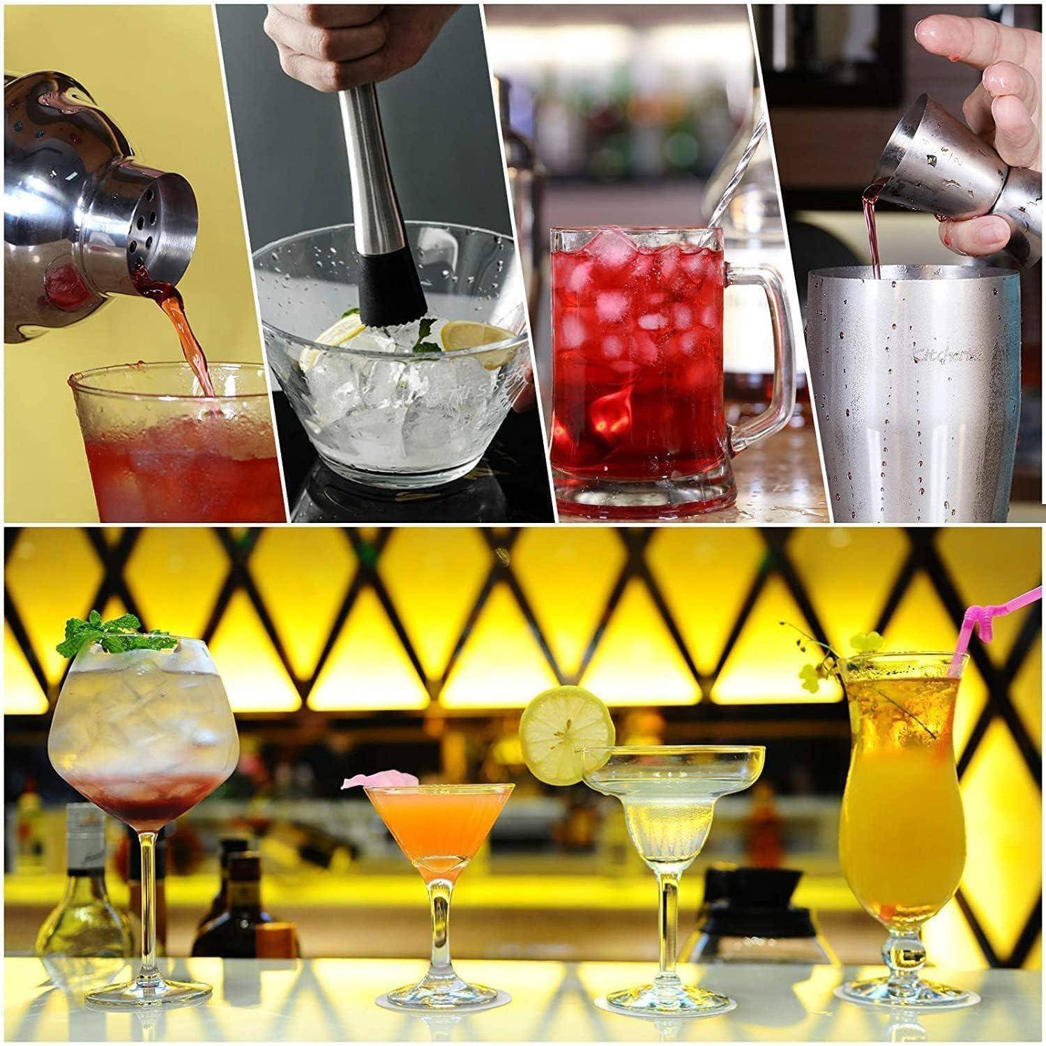 Eine Collage von Cocktail-Zubereitungen und Getränken. Oberste Reihe: Einschenken und Mixen von Cocktails. Unterste Reihe: fünf bunte Cocktails an einer Bar.