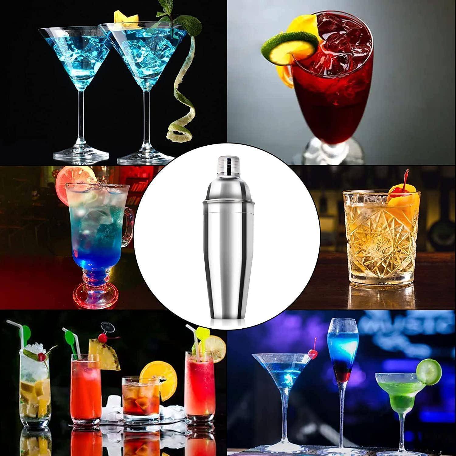 Eine Collage aus acht farbenfrohen Cocktails, die einen Cocktailshaker in der Mitte umgeben. Jedes Getränk ist einzigartig garniert und zeigt damit eine Vielfalt.