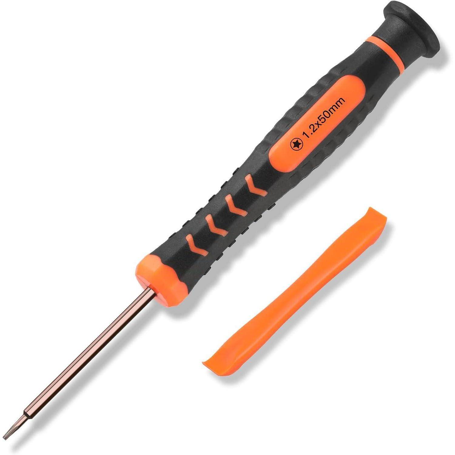 Schraubendreher mit schwarzem Griff, orangefarbenem Griff, Größe 2,0x50 mm auf der Seite gedruckt, neben einem orangefarbenen Plastik-Hebewerkzeug.