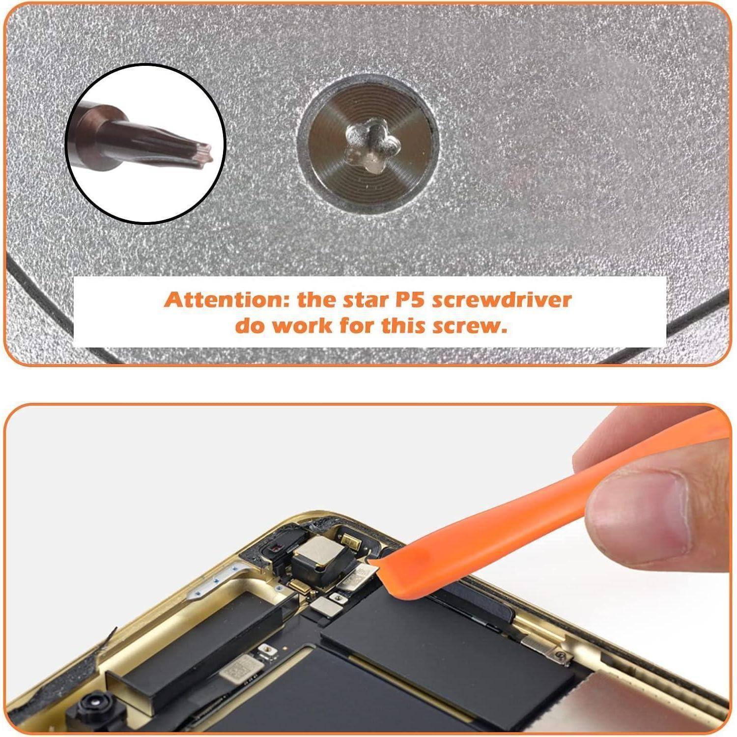 Detailaufnahme eines P5-Schraubenziehers, der in eine Schraube passt. Darunter wird ein Werkzeug verwendet, um ein elektronisches Gerät zu öffnen. Text: 'Achtung: Der Stern-Schraubenzieher P5 funktioniert tatsächlich für diese Schraube.