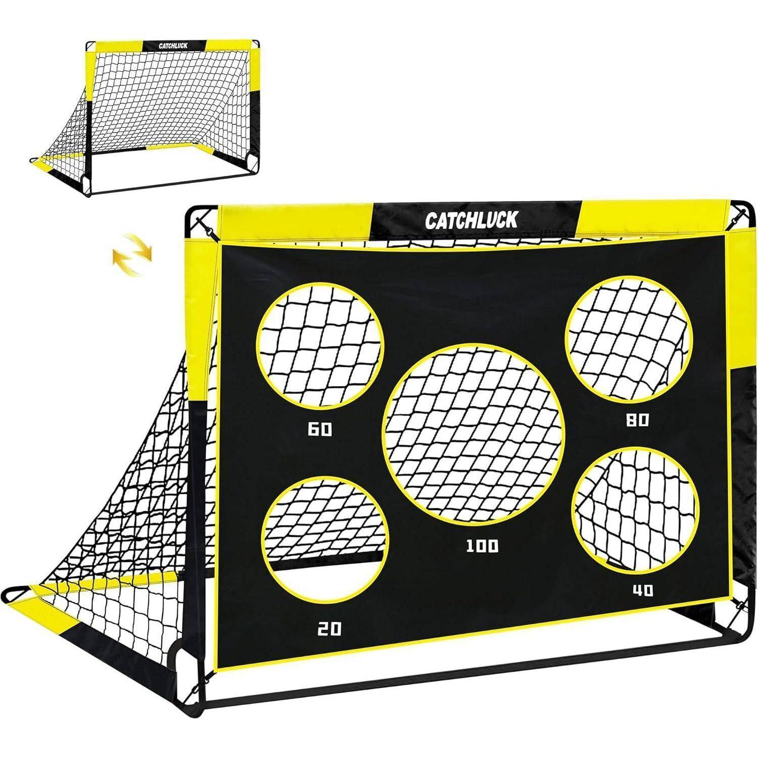 Ein Set aus zwei schwarzen und gelben Fußball-Trainingnetzen, eines davon mit fünf Zielöffnungen, die mit '20', '40', '60', '80' und '100' beschriftet sind.