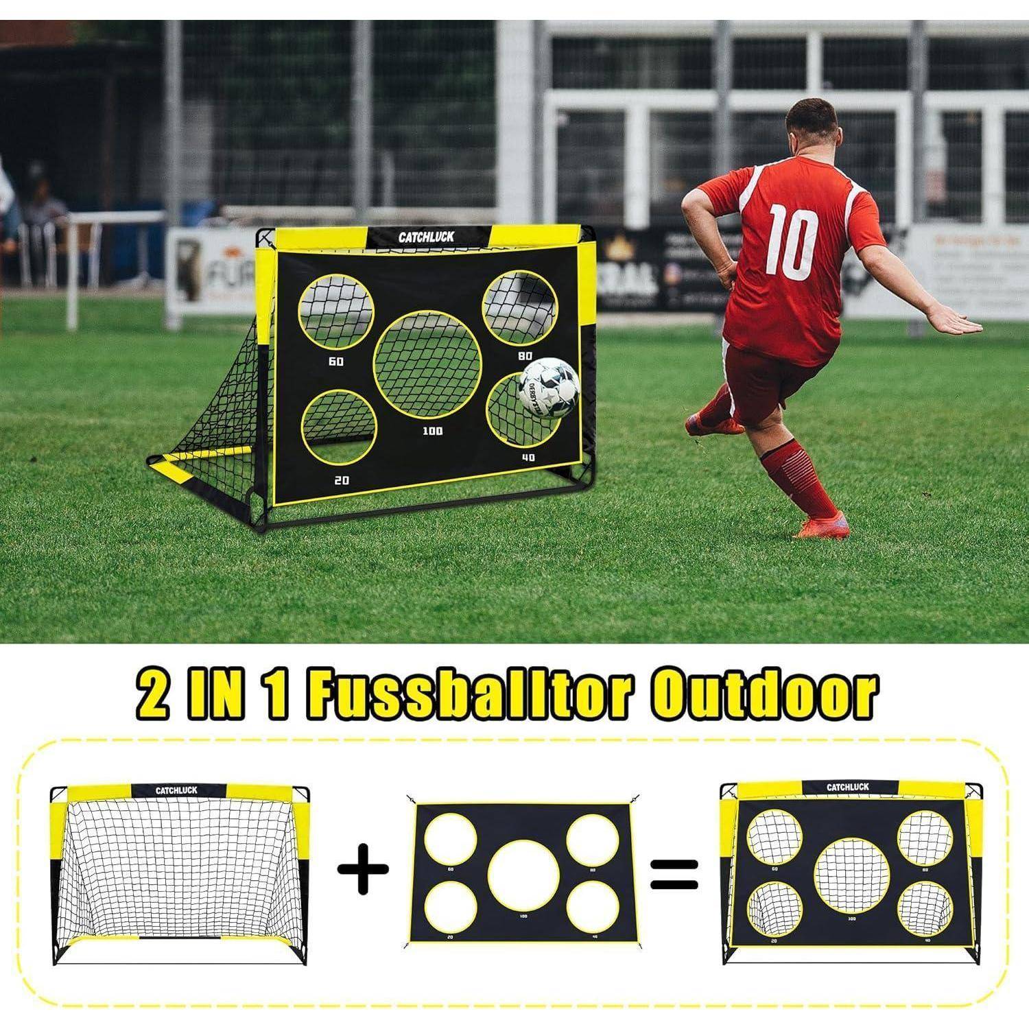 Ein Fußballspieler in Rot schießt einen Ball auf ein Tor mit Zielöffnungen. Der Text darunter liest '2 IN 1 Fußballtor Outdoor' mit Diagrammen, die Tore zeigen.