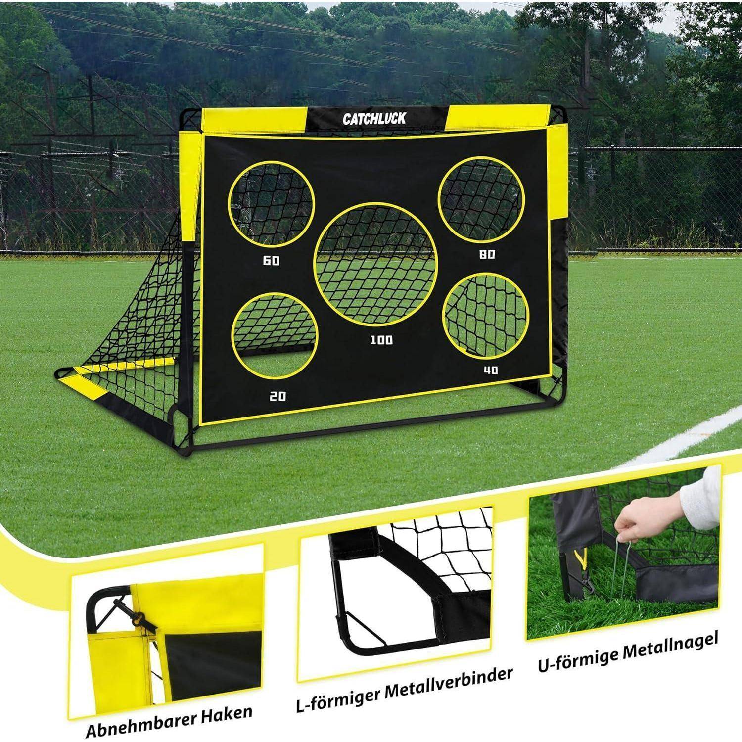 Fußballtor mit vier Ziellöchern, beschriftet mit '20', '40', '60', '100'. Eingesetzte Bilder zeigen Details von Haken, Metallverbinder und U-förmigem Bolzen.