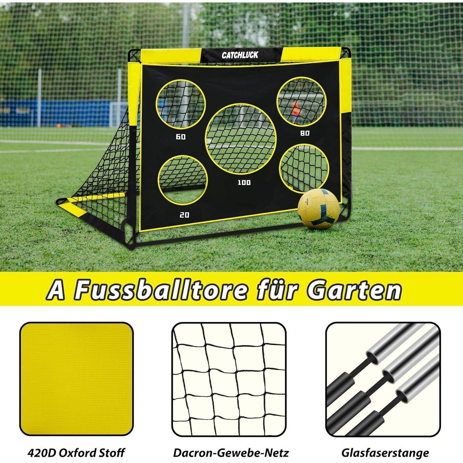 Ein Fußballtor mit Netz auf einem Feld mit gekennzeichneten Torzonenzonen. Darunter ein Produktbanner auf Deutsch, das Merkmale wie '420D Oxford-Stoff' hervorhebt.