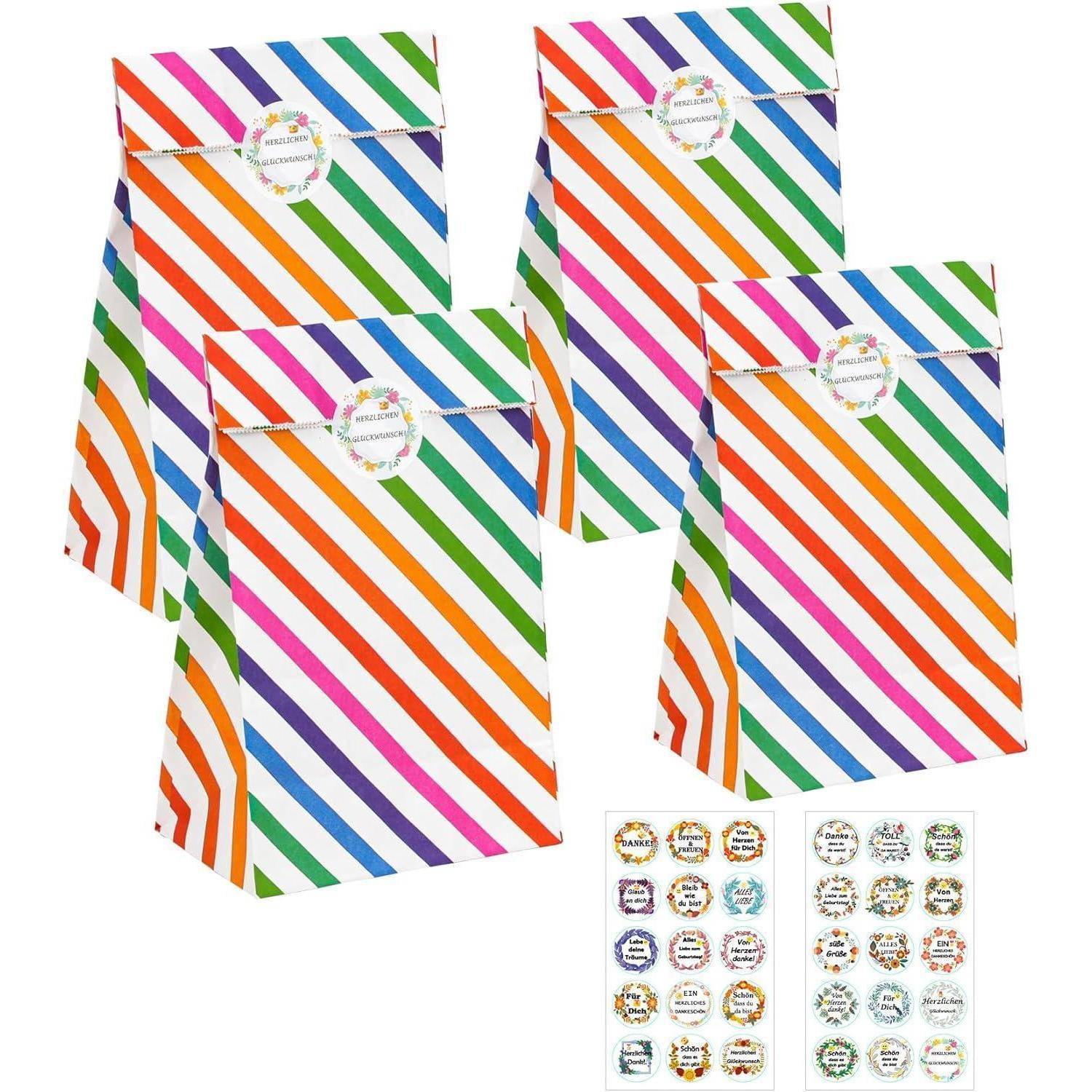 Regenbogen gestreifte Party-Geschenktüten mit Etiketten