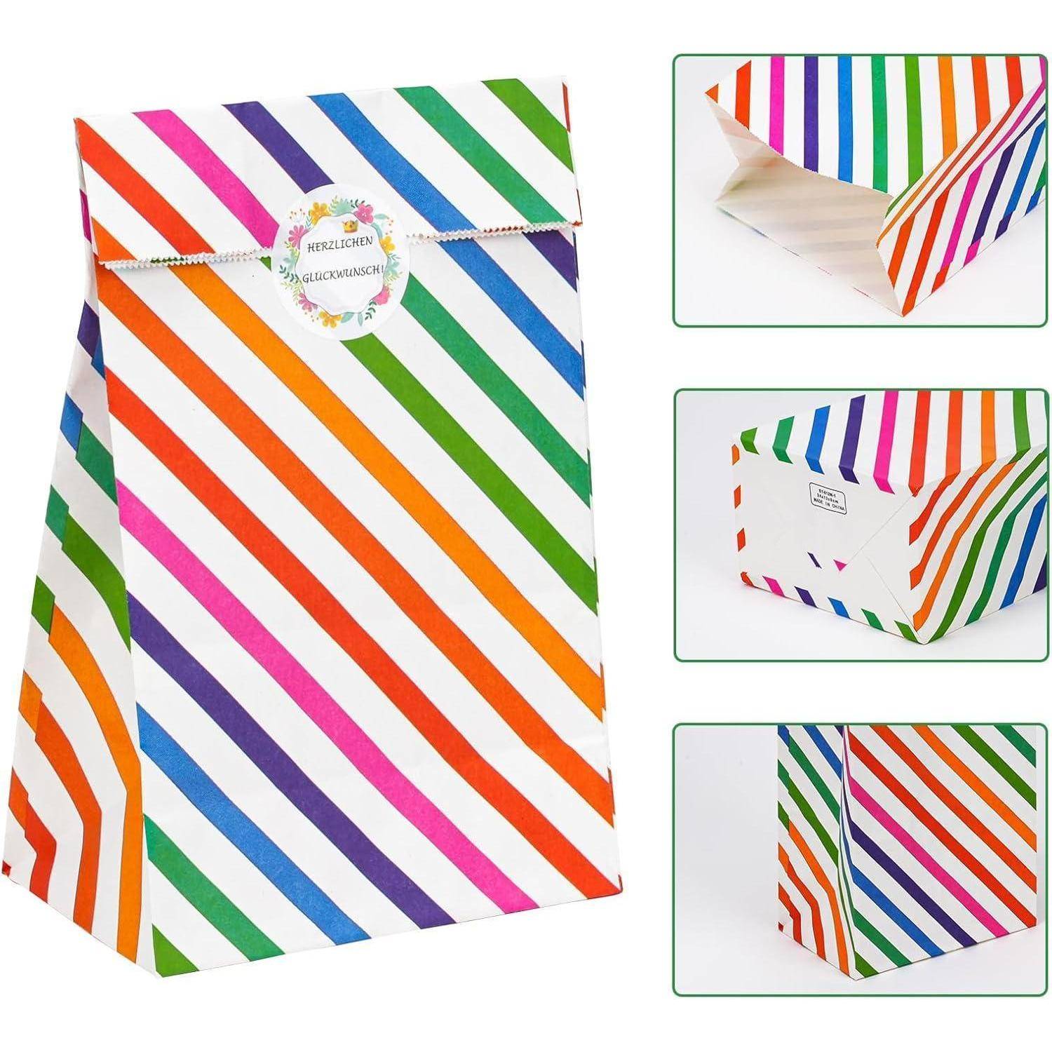 Bunte Geschenktasche mit diagonalen Streifen in Orange, Grün, Lila und Pink. Eingesetzte Bilder zeigen verschiedene Blickwinkel der Tasche.