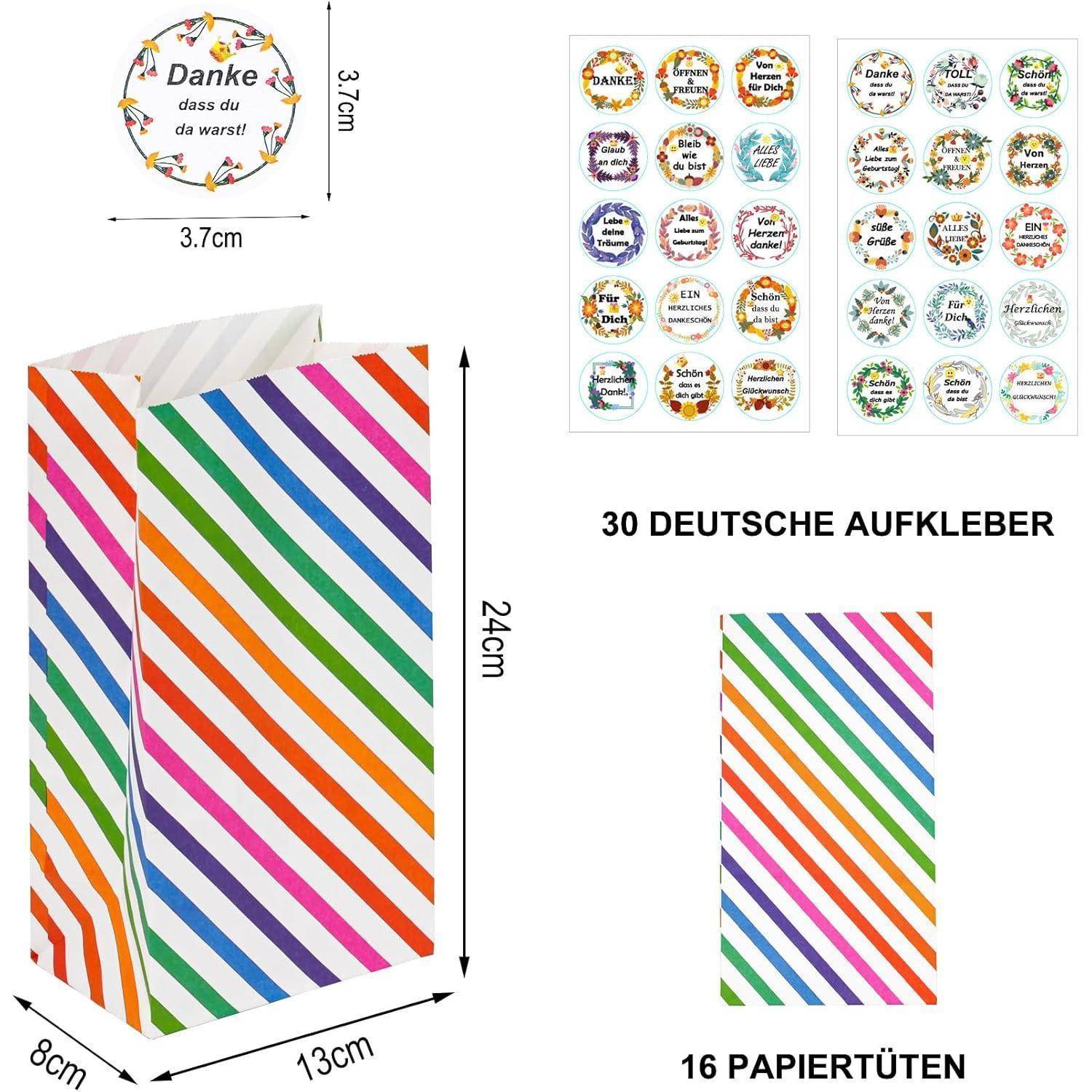 Danke' Geschenk-Set enthält 30 deutsche Aufkleber mit Dankbarkeitsbotschaften und 16 bunten Papiertüten, ideal für festliche Anlässe.