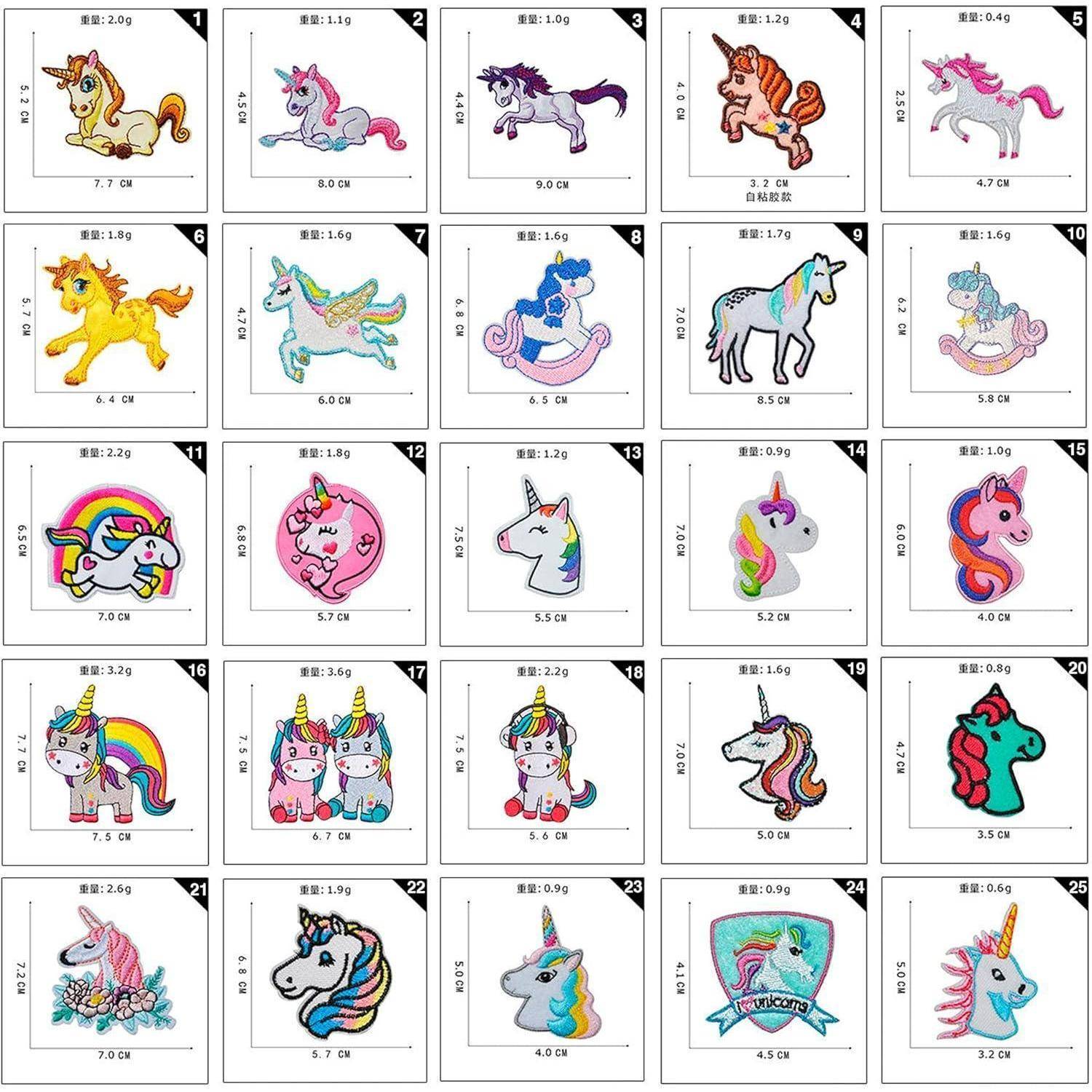 Ein Blatt mit 30 Einhorn-Themen Bügelbildern, wobei jedes Bild ein anderes Design aufweist und die Abmessungen darunter in Gramm beschriftet sind.