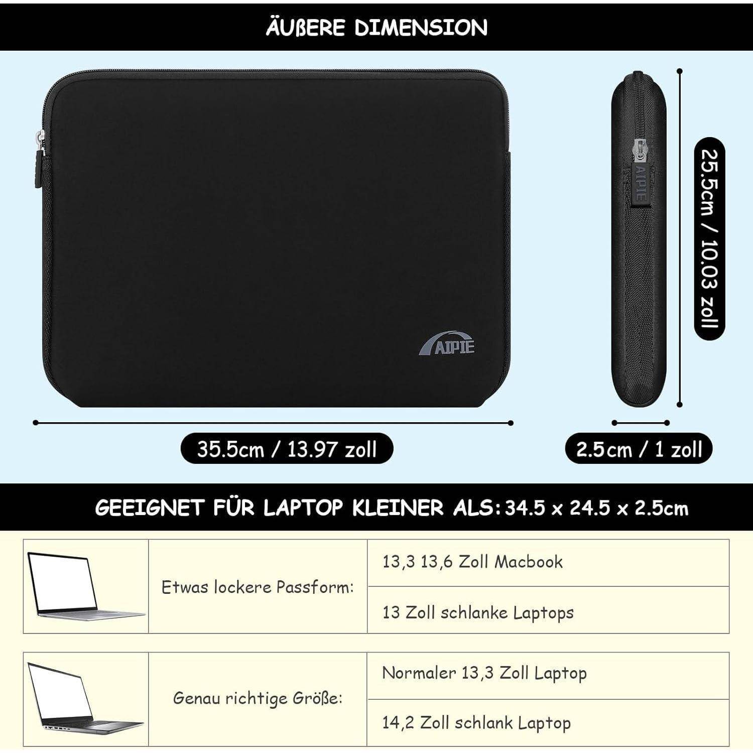 Laptop-Hüllendimensionen: 35,5 cm x 25,5 cm x 2,5 cm. Geeignet für Laptops kleiner als 34,5 x 24,5 x 2,5 cm. Zeigt passende Beispiele.