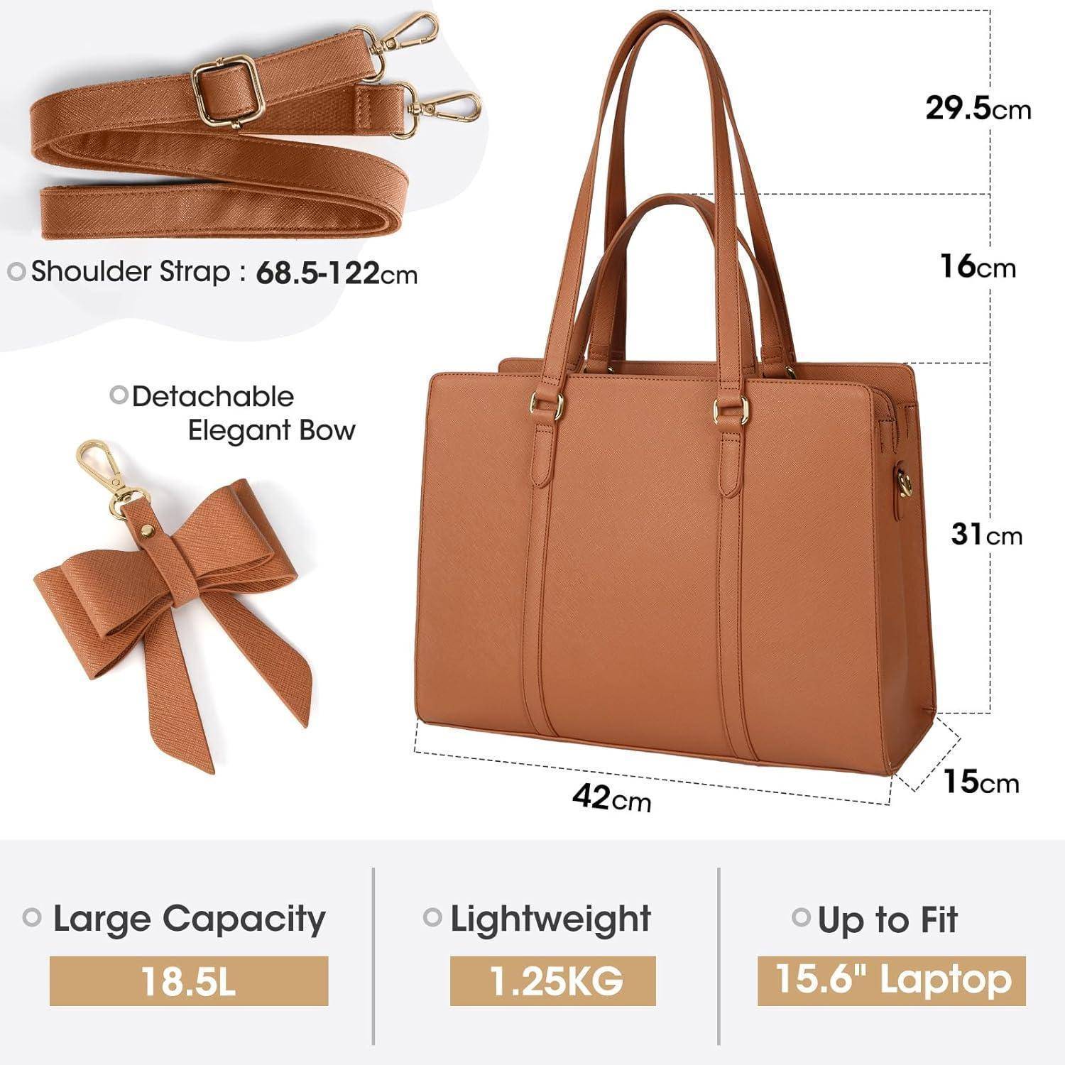 Hellbraune Lederschultertasche mit Maßen: 42 cm breit, 31 cm hoch, 15 cm tief. Ausgestattet mit verstellbarem Riemen, abnehmbarer Schleife, geeignet für ein Laptop mit 15,6 Zoll.