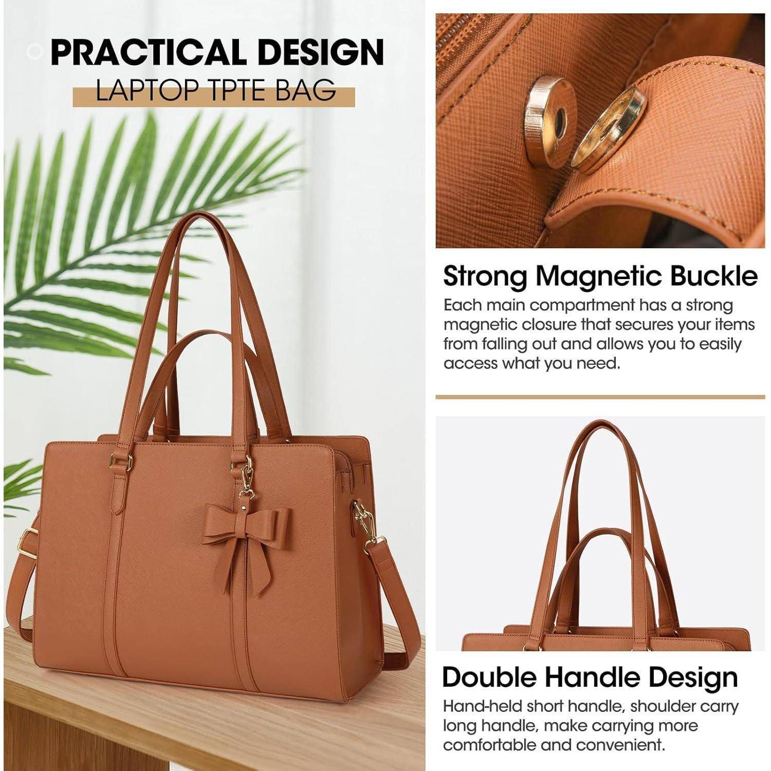 Braune Laptoptasche mit einer Schleife, starker Magnetschnalle für einfachen Zugang und Doppelgriff-Design für bequemes Tragen.