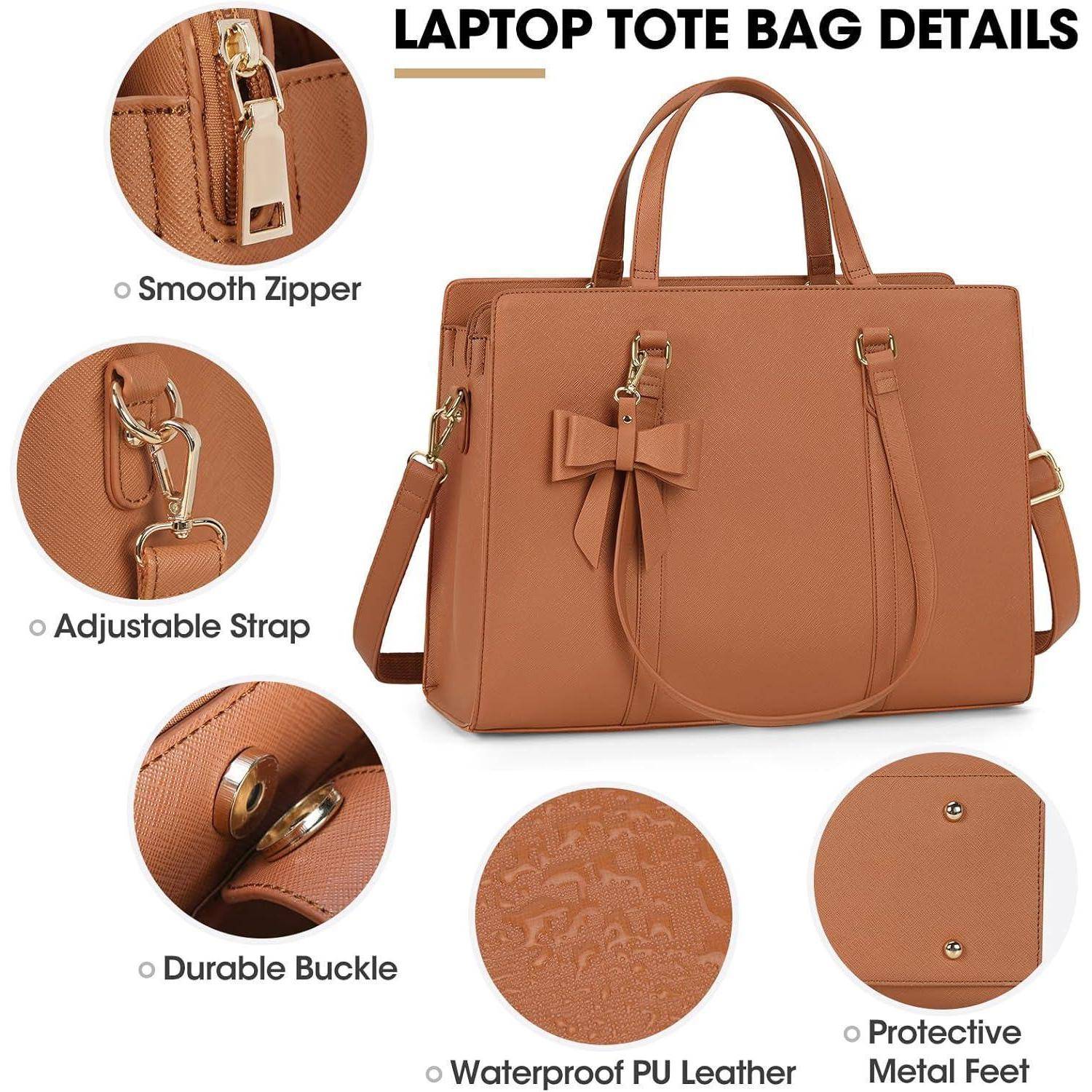 Details der Laptop-Tragetasche': Eine braune Tasche mit beschrifteten Merkmalen: glatter Reißverschluss, verstellbarer Gurt, robuste Schnalle, wasserabweisendes PU-Leder, schützende Metallfüße.