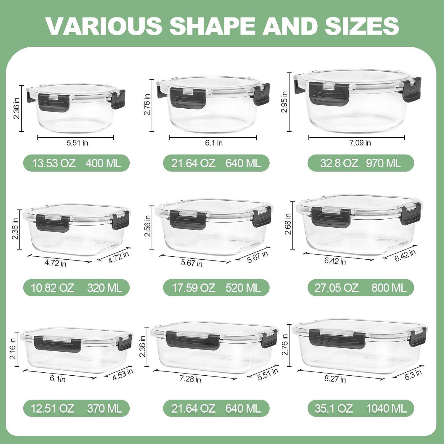 Diagramm "Verschiedene Formen und Größen"" mit neun Glaslebensmittelbehältern und Messungen und Kapazitäten von 12,51 oz (370 ml) bis 35,1 oz (1040 ml).