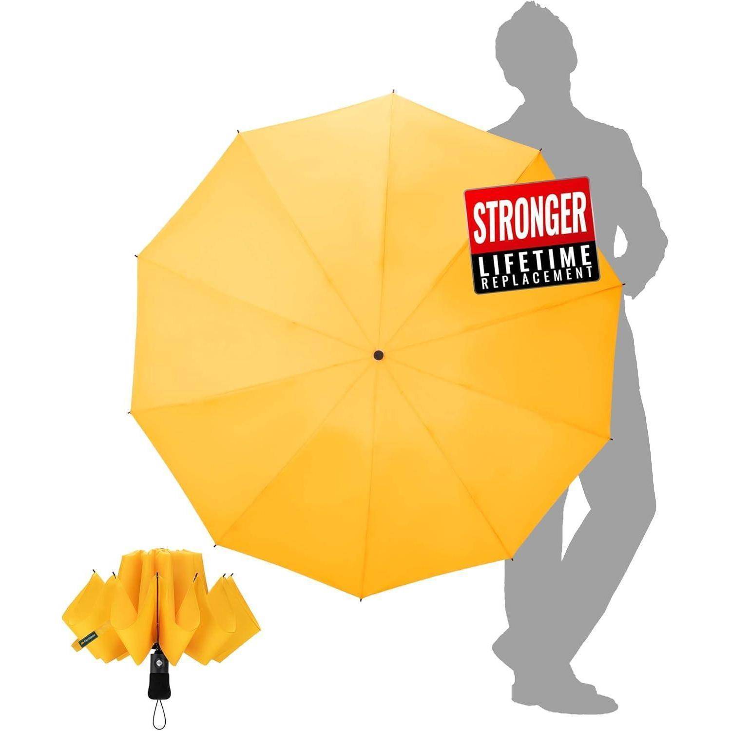 Gelber Regenschirm mit der Beschriftung 