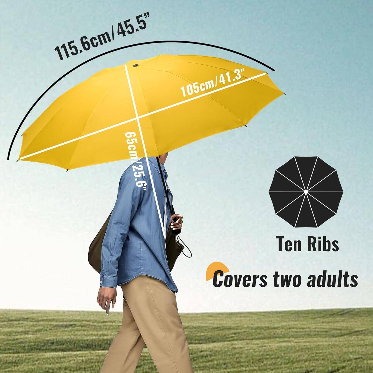 Eine Person hält einen großen gelben Regenschirm mit hervorgehobenen Abmessungen: 115 cm/45,5