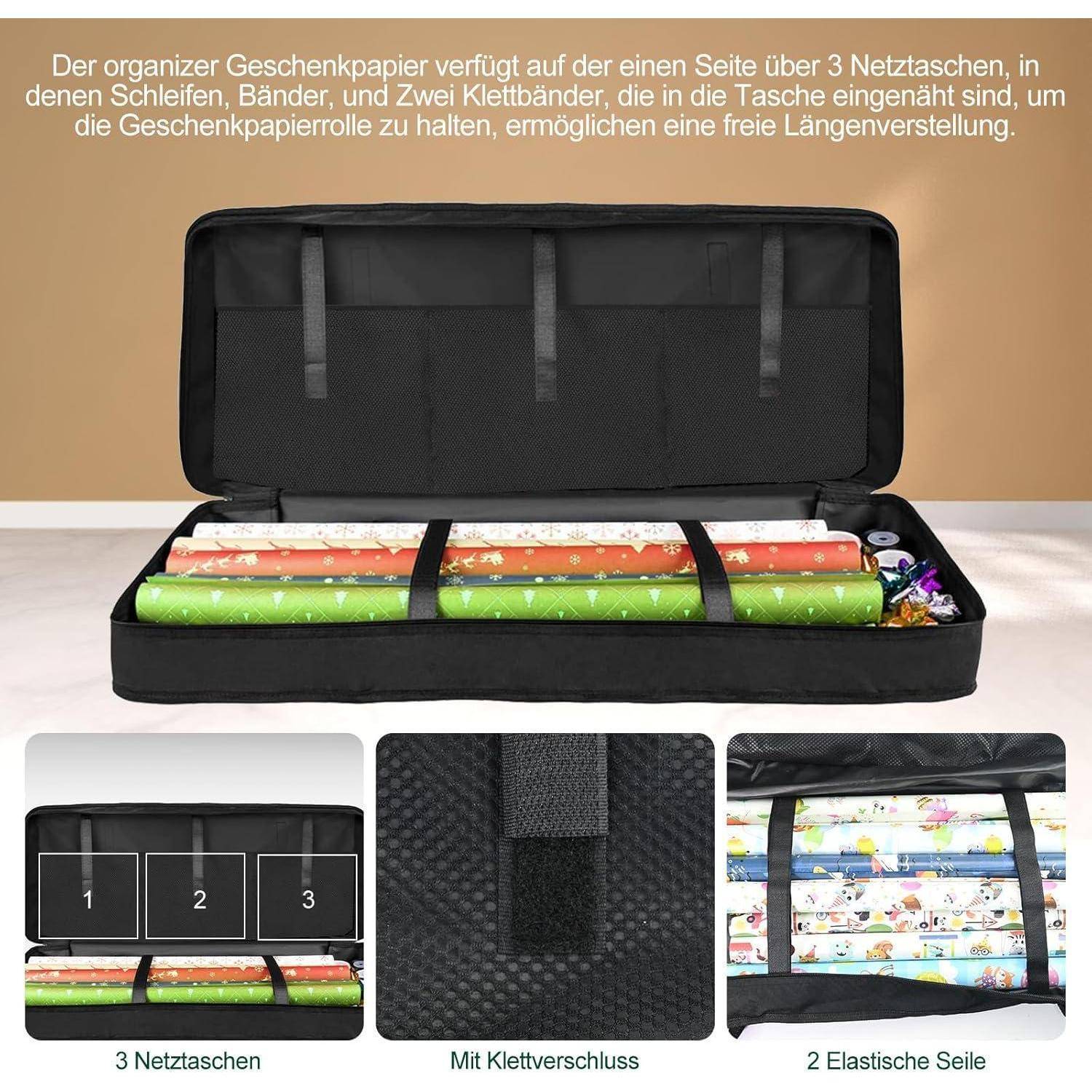Geschenkpapier-Organizer mit Durchblick zeigt drei Netztaschen, die Rollen von Geschenkpapier halten. Detaillierte Ansicht des Klettverschlusses und der Elastikbänder.