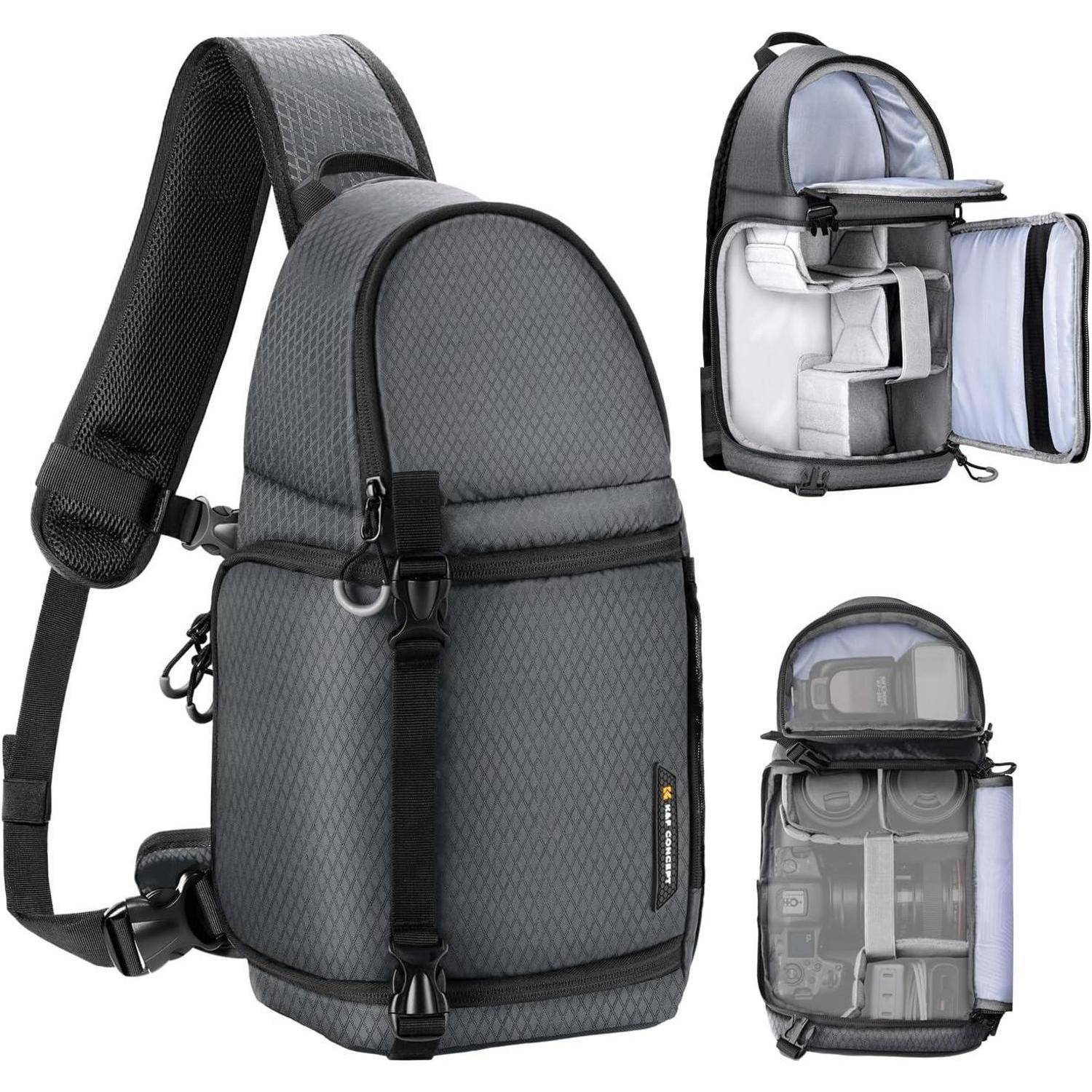 Ein grauer Kamera-Schulterrucksack mit mehreren Fächern und verstellbaren Trennwänden, der für die Organisation von Kamerauausrüstung und Zubehör entwickelt wurde.
