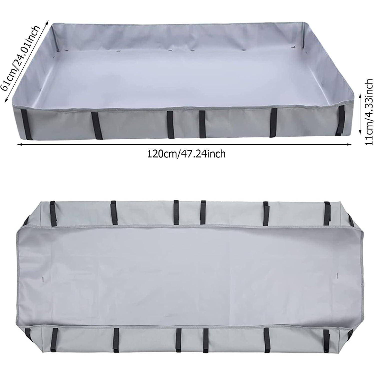 Rechteckige graue Ablage, Maße angegeben: 120 cm/47,24 Zoll Länge, 61 cm/24,02 Zoll Breite, 11 cm/4,33 Zoll Höhe.