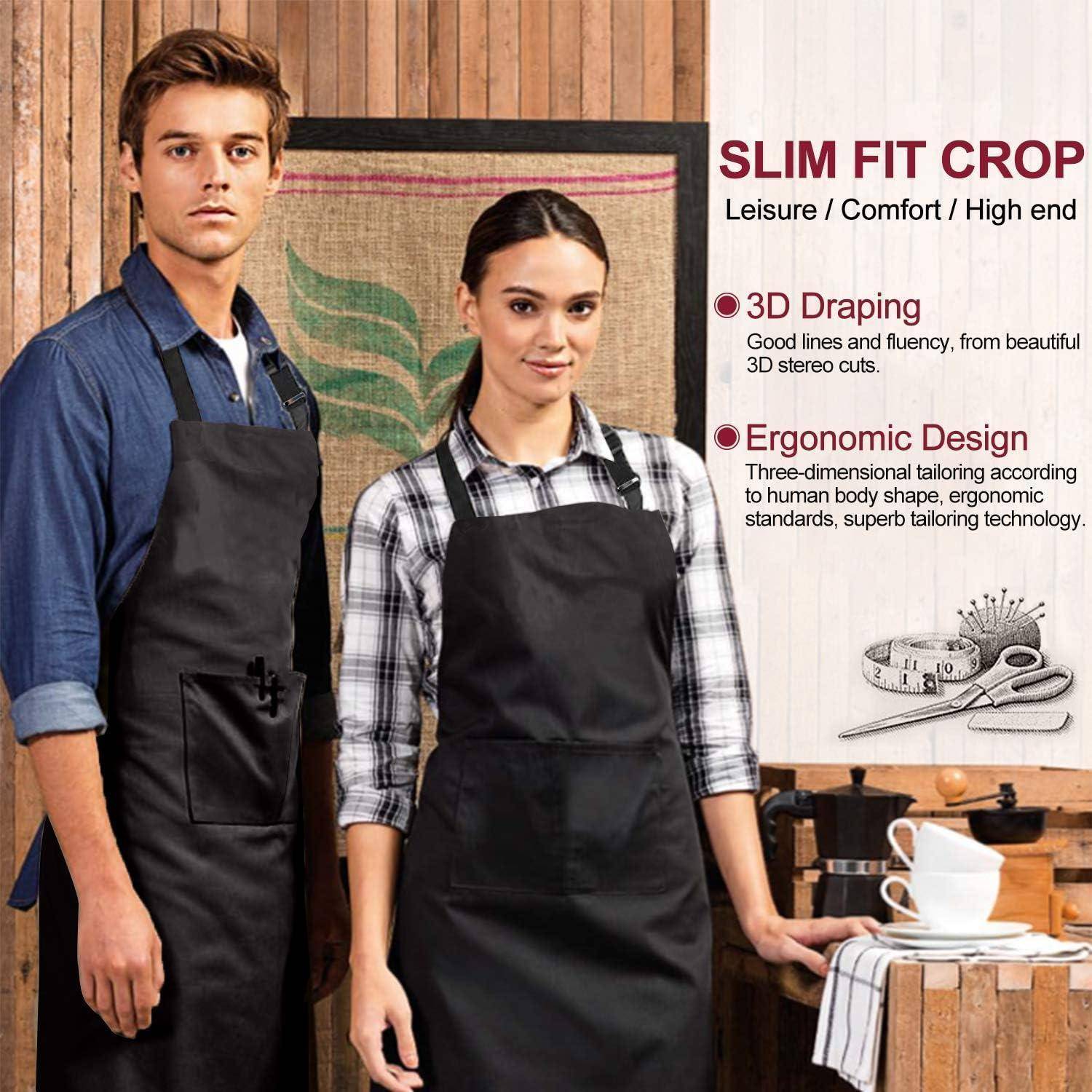 Zwei Personen in schwarzen Schürzen stehen vor einem Textilhintergrund, neben einem Poster mit der Aufschrift ‚SLIM FIT CROP', das dessen Merkmale hervorhebt.