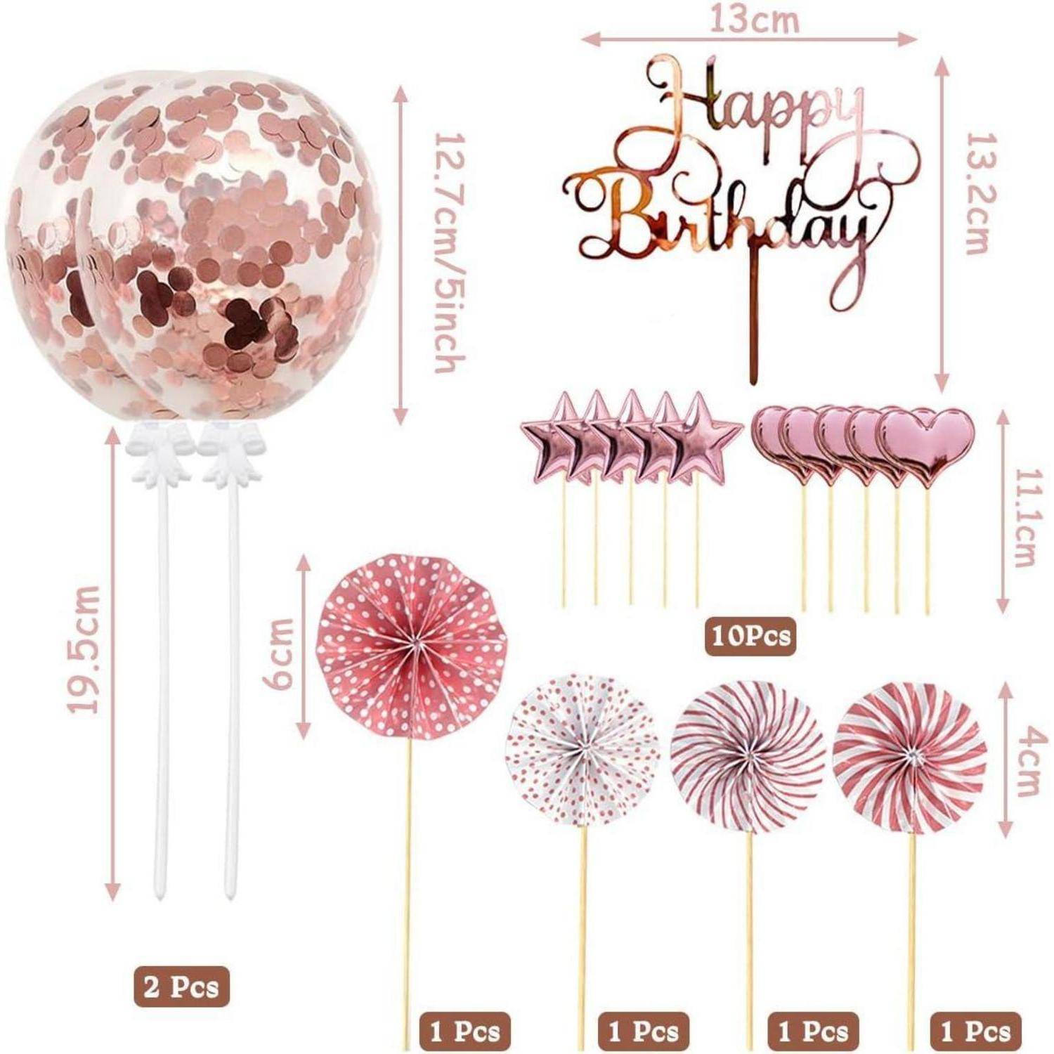 Geburtstagsdekoration-Set mit einem großen Konfettiballon, Cake Topper, Stern- und Kreis-Picks sowie Maßangaben zur Größenreferenz.