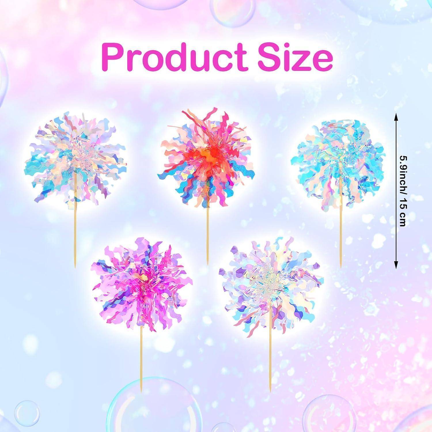 Bunte Windmühlen in fünf Designs, jeweils 5,9 Zoll/15 cm hoch, präsentiert vor einem hellen, blasenthematischen Hintergrund mit der Beschriftung 