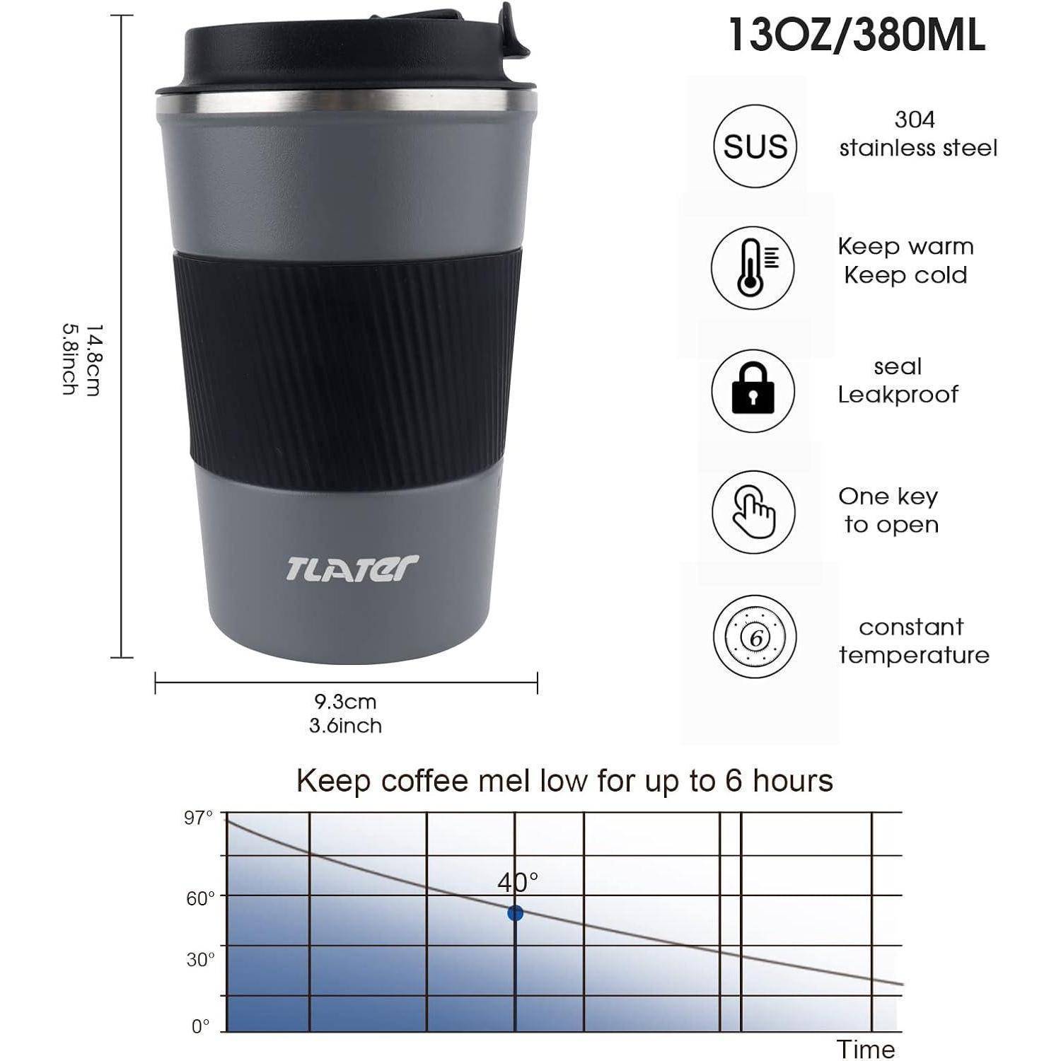 TLator' Kaffeebecher hat ein Volumen von 13 Unzen/380 ml und ist 14,8 cm hoch. Hergestellt aus 304 Edelstahl. Zu den Eigenschaften gehören Wärme-/Kälteisolierung, auslaufsicher, Einknopf-Öffnung und konstante Temperaturerhaltung.