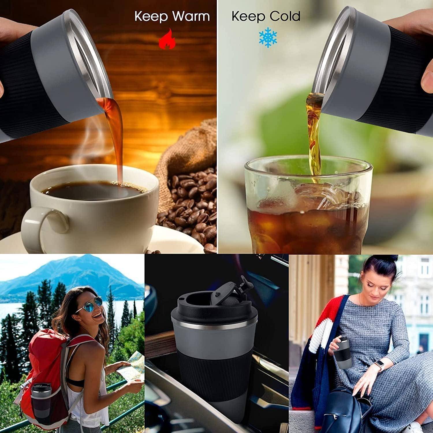 Das Bild präsentiert einen Thermosbecher, der Kaffee warm und Eistee kalt hält, begleitet von Lifestyle-Fotos mit Einsätzen im Freien und in städtischer Umgebung.