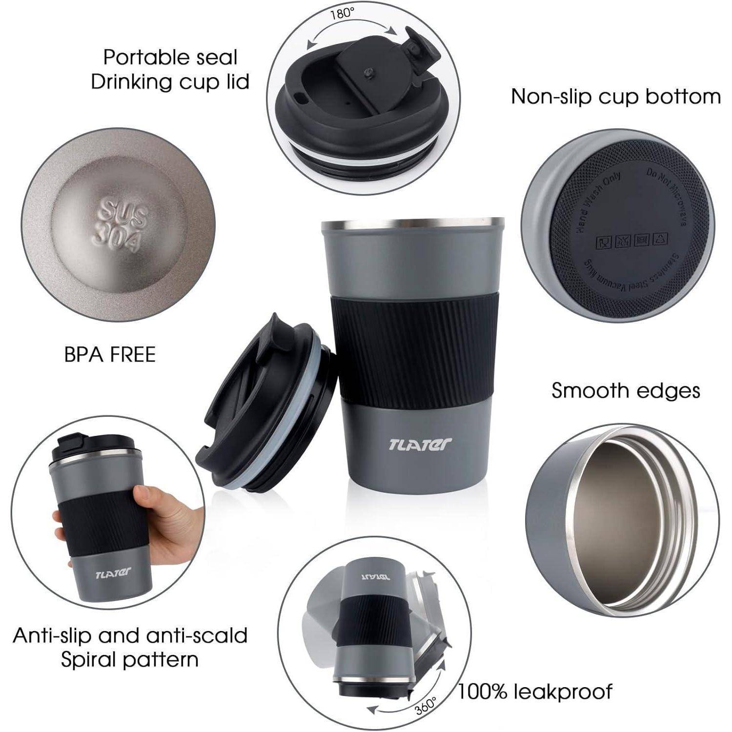 Das Bild zeigt einen Thermosbecher mit Eigenschaften wie einem tragbaren Verschlussdeckel zum Trinken, einem rutschfesten Beckenboden, einem BPA-freien Material, einem rutschfesten Muster und einem zu 100% auslaufsicheren Design.