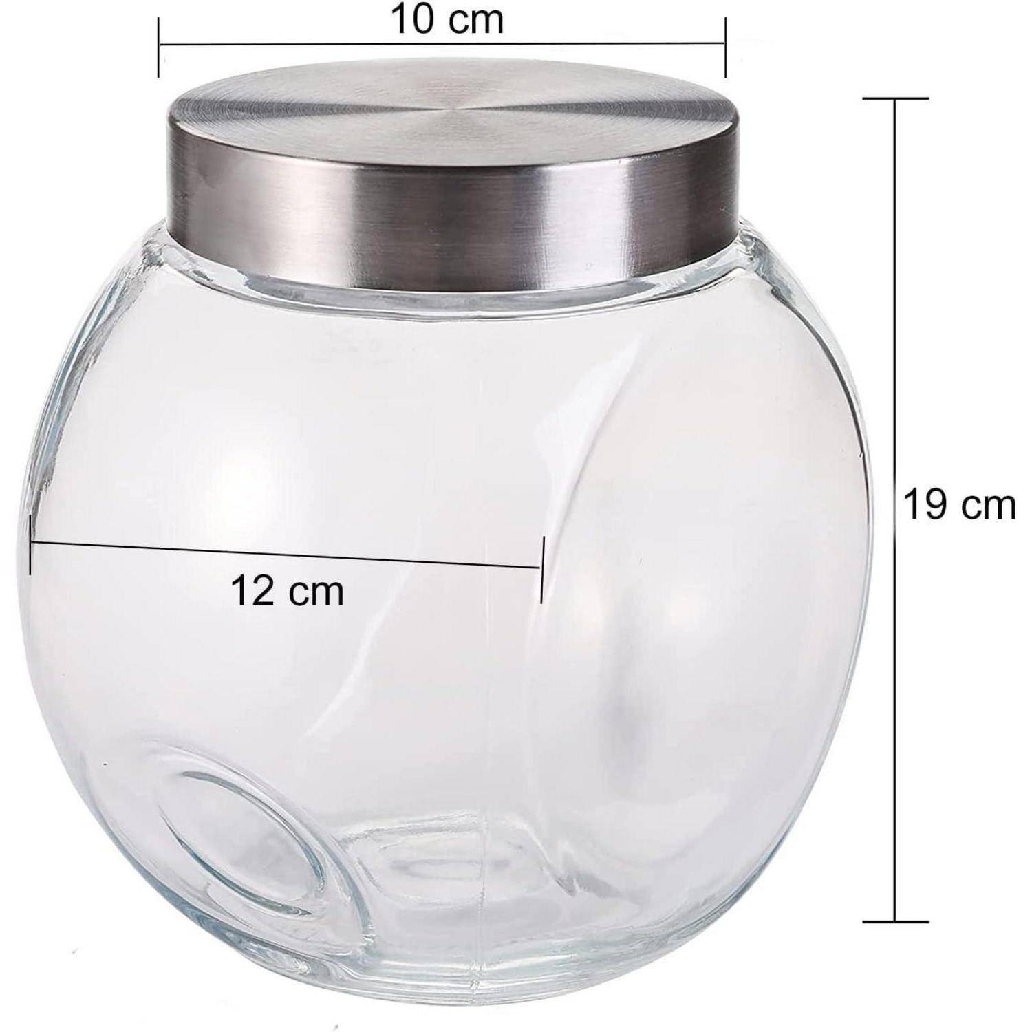 Ein rundes, klares Glasgefäß mit einem Metalldeckel, 19 cm hoch und 12 cm breit, wobei der Deckel einen Durchmesser von 10 cm hat.