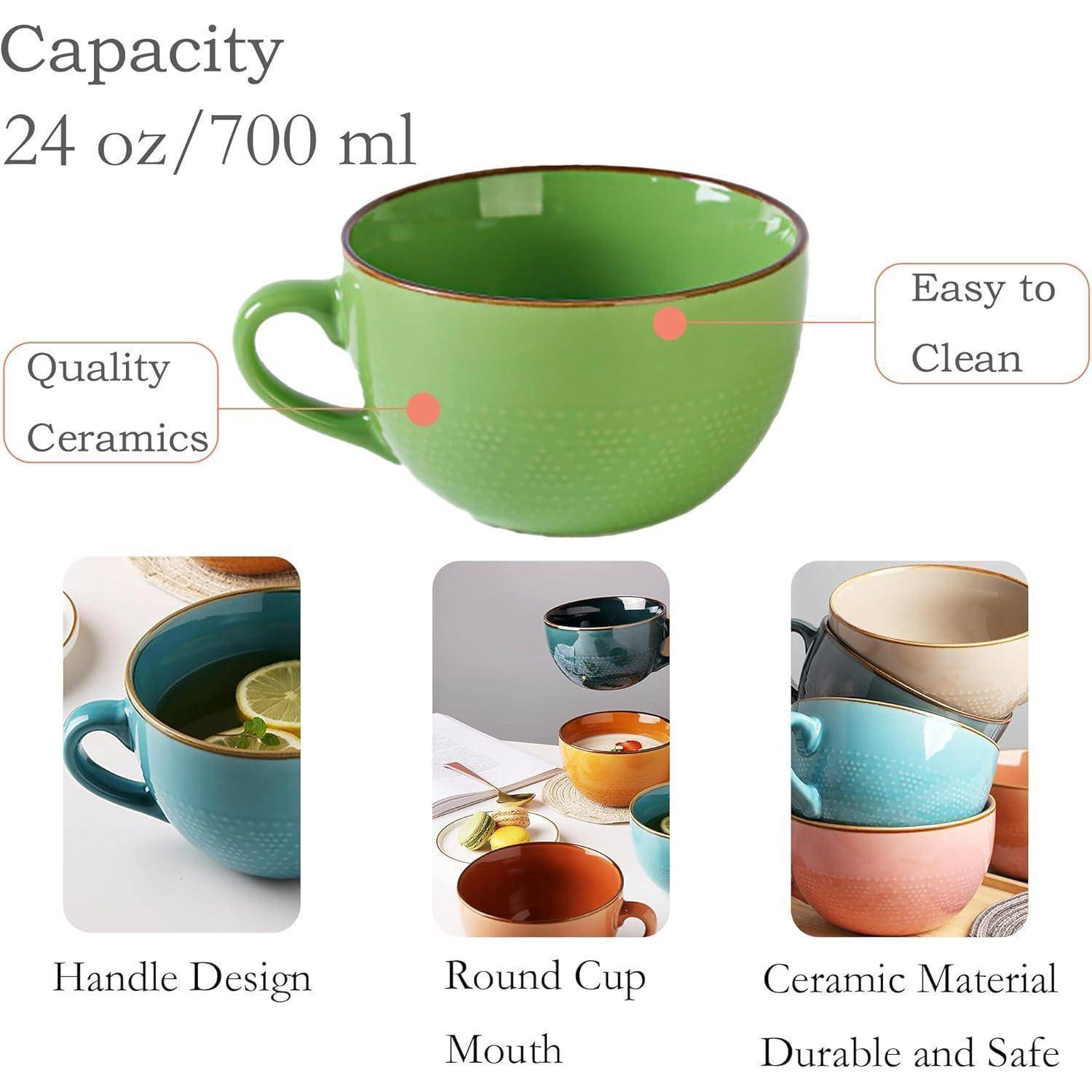 Grüne Keramiktasse mit Henkel, beschriftet mit '24 oz/700 ml'. Hervorgehobene Merkmale: 'Leicht zu reinigen', 'Hochwertige Keramik', 'Robust und sicher'.