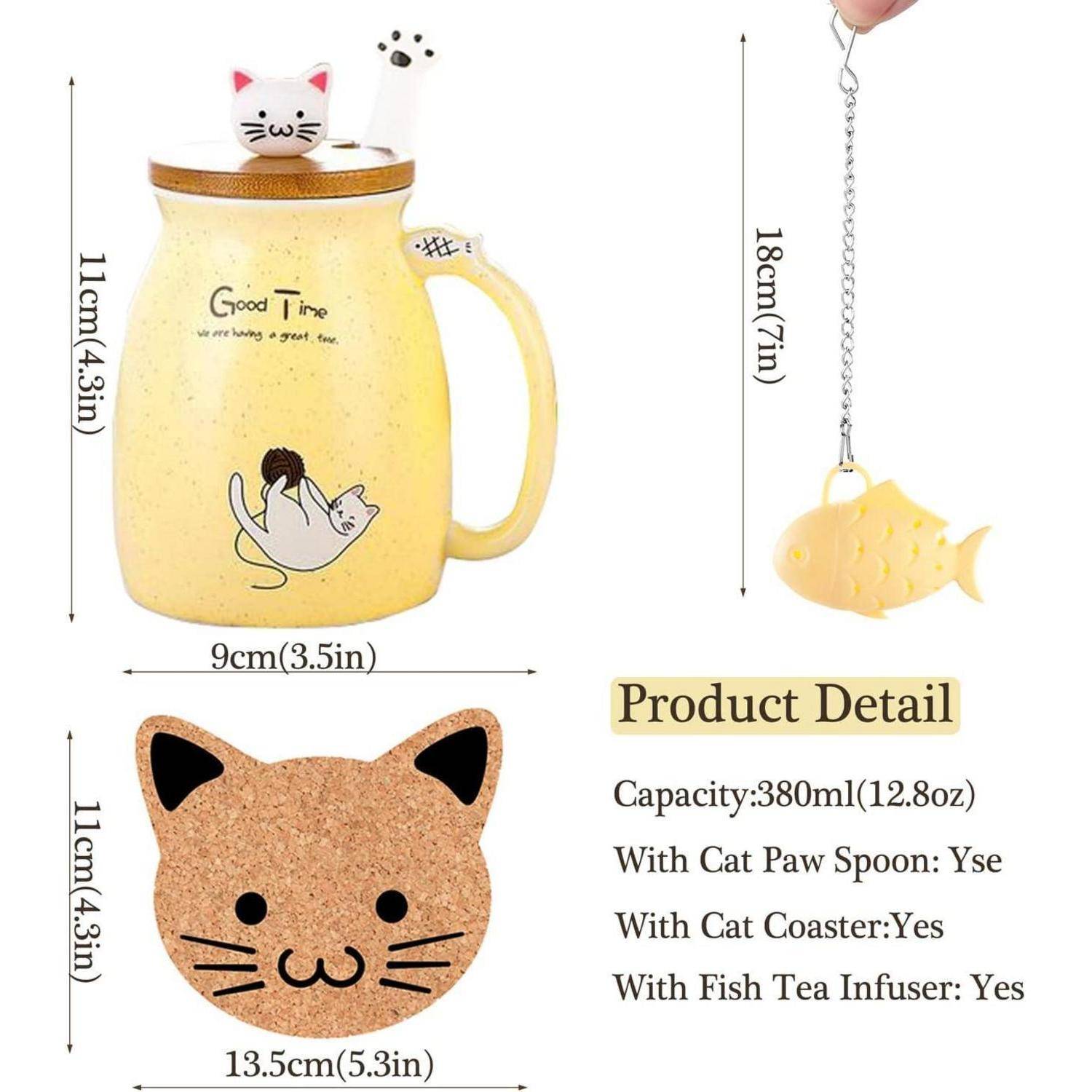 Gelbes Tassen-Set mit Katzen-Grafiken. Enthält eine 380ml Tasse, einen Katzentatzen-Löffel, einen Katzen-Untersetzer und einen Fisch-Teesieb. Geeignet für Katzenliebhaber.