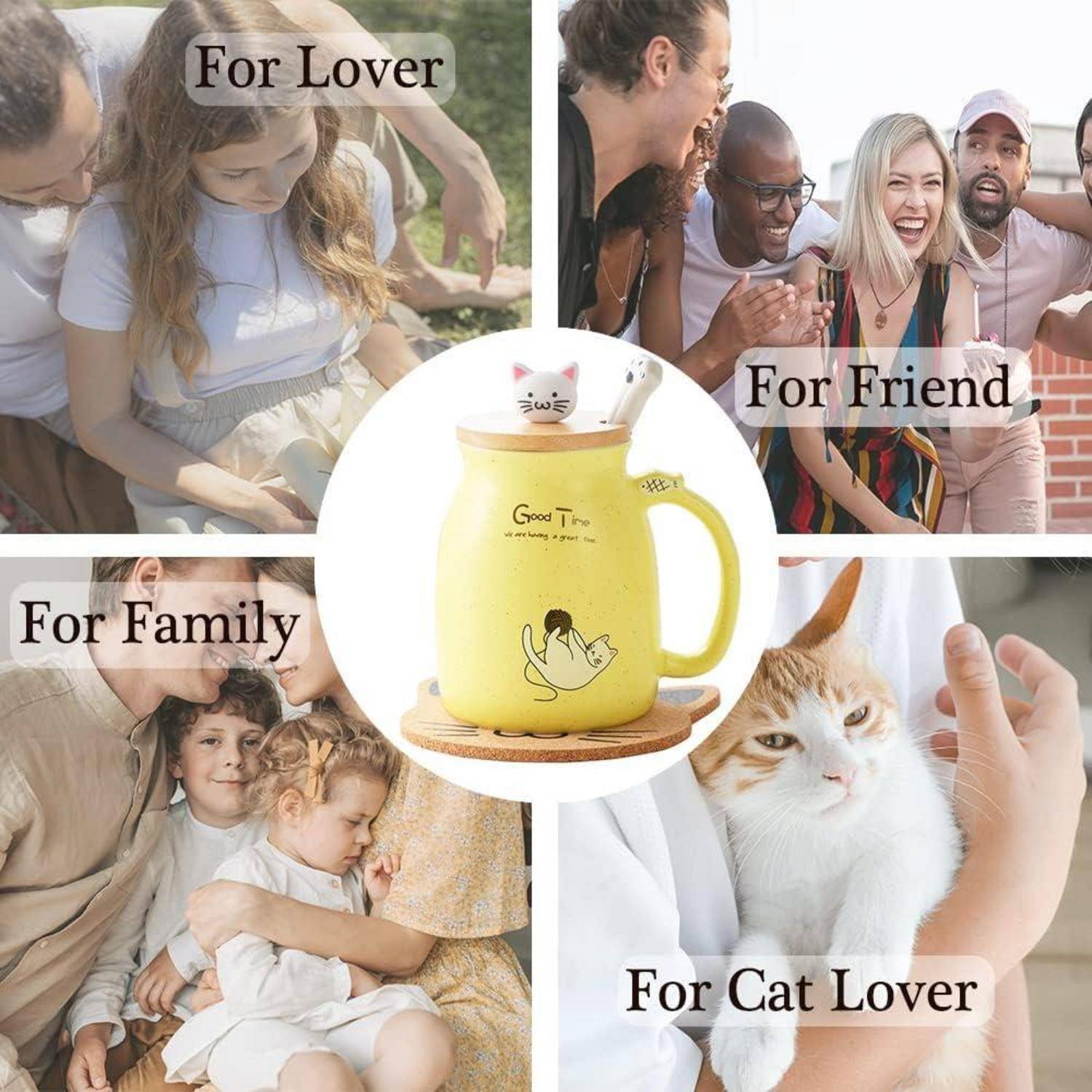 Ein Kollagebild mit den Beschriftungen ‚Für Verliebte', ‚Für Freunde', ‚Für Familie', ‚Für Katzenliebhaber', die eine gelbe Tasse mit Katzendesign umgeben.