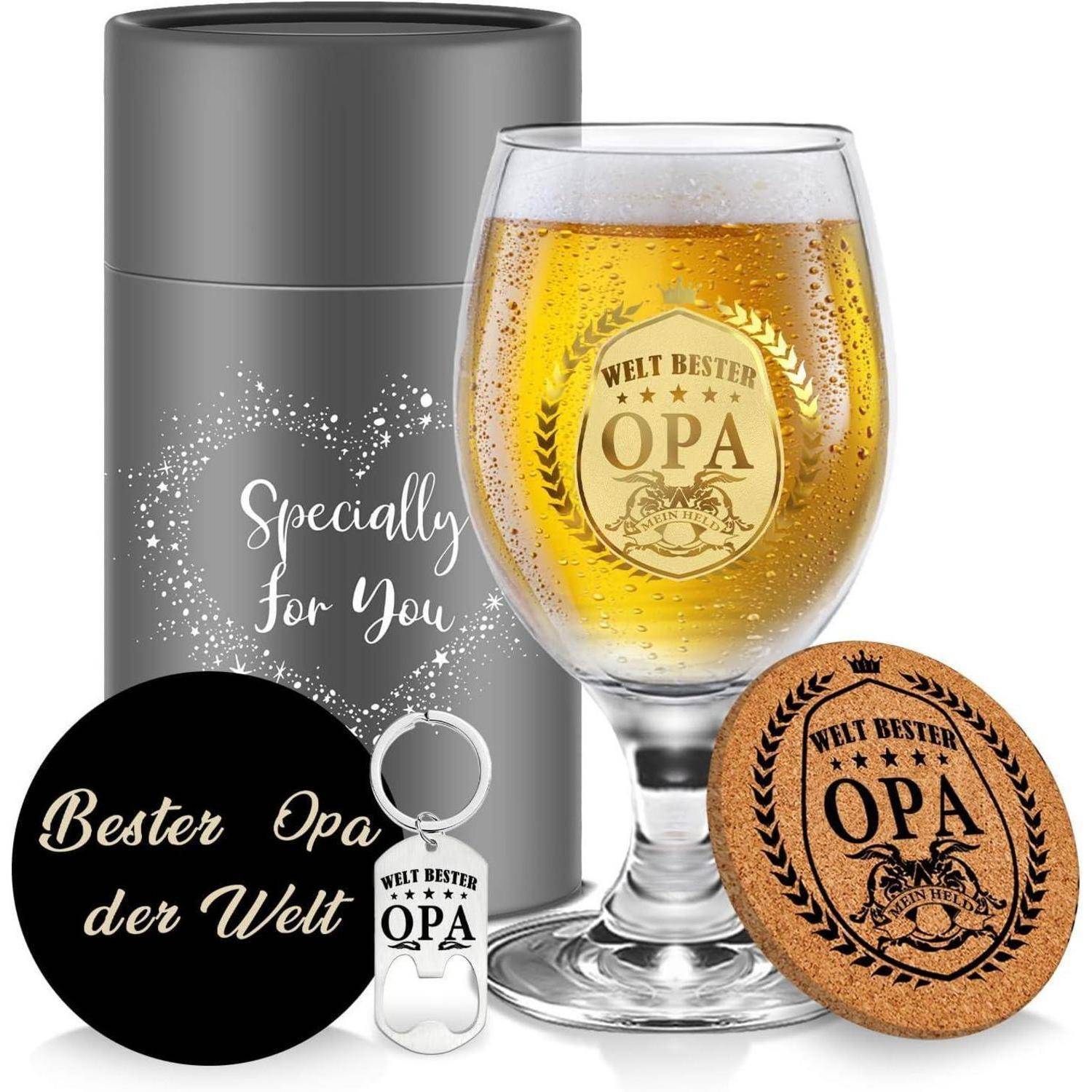 Bierglas mit Aufschrift 'Welt Bester Opa', passender Untersetzer, Schlüsselanhänger und Geschenkbox mit Beschriftung 'Speziell für Dich'. Perfektes Geschenkset für Großväter.