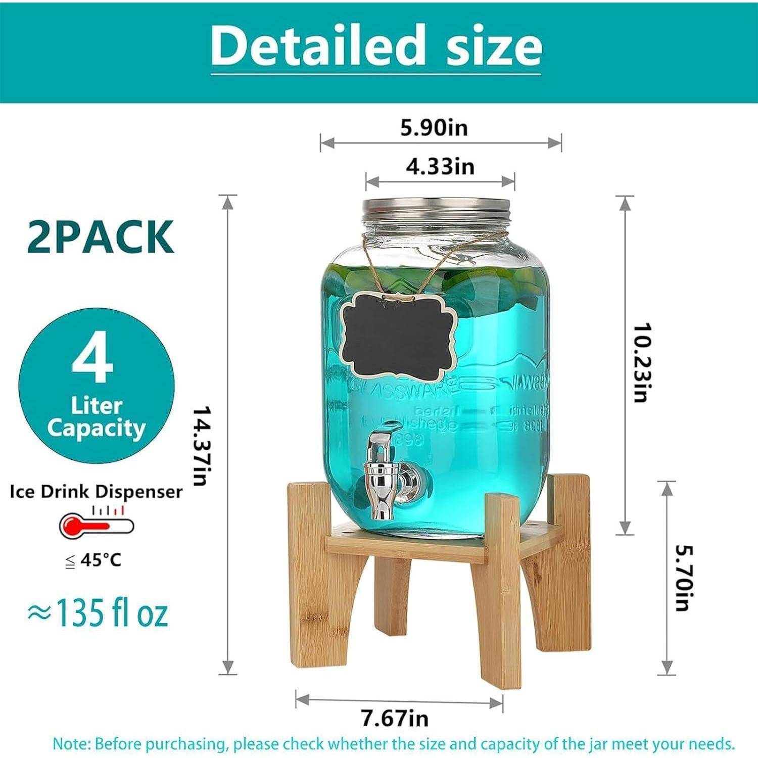 Detaillierte Größe eines Getränkespenders mit 4 Liter Fassungsvermögen, 2er-Pack. Abmessungen: Höhe 14,37 Zoll, Breite 5,90 Zoll, auf einem Holzständer.