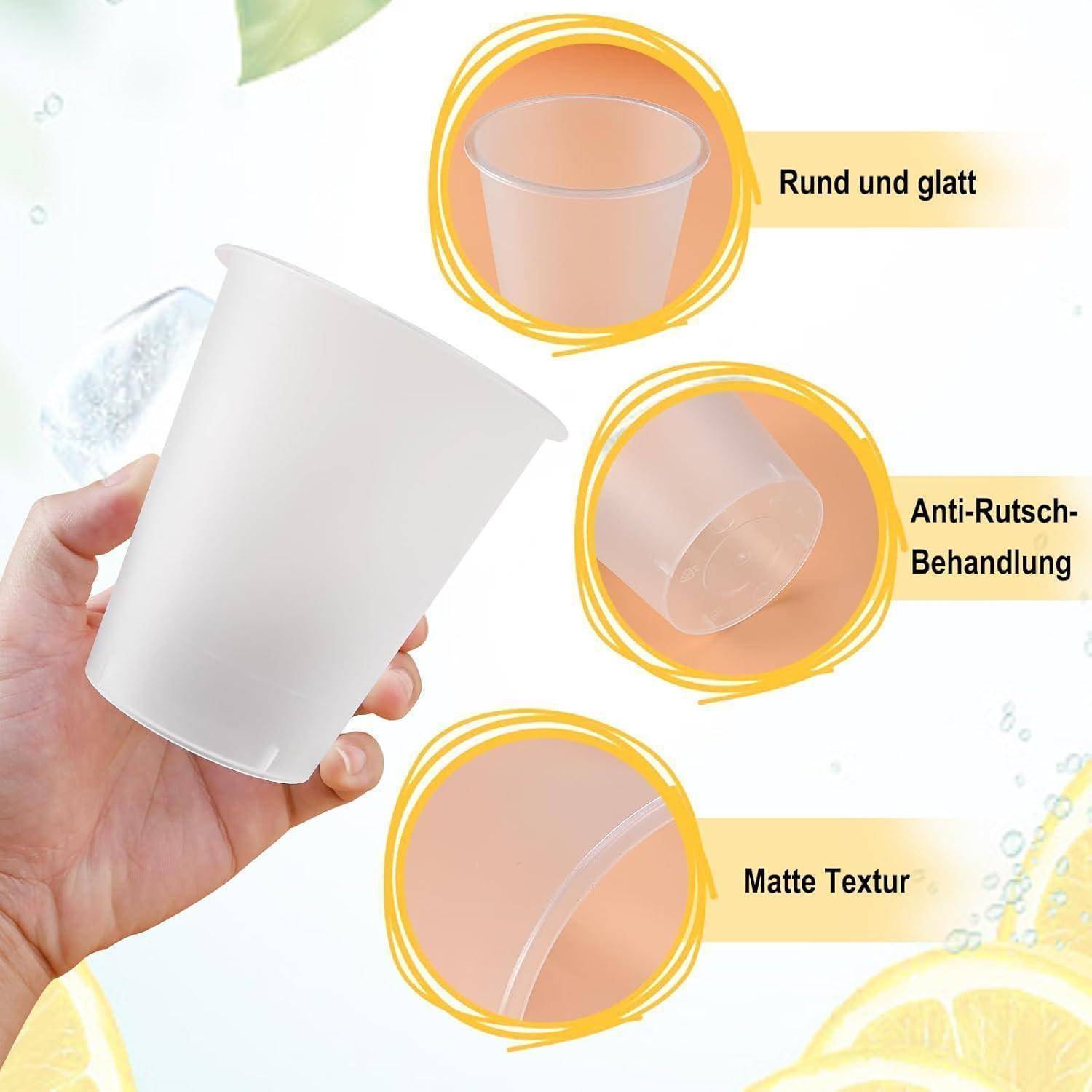 Eine Hand hält eine weiße Tasse mit den Beschreibungen 'Rund und glatt', 'Anti-Rutsch-Behandlung' und 'Matte Textur', die deren Eigenschaften hervorhebt.