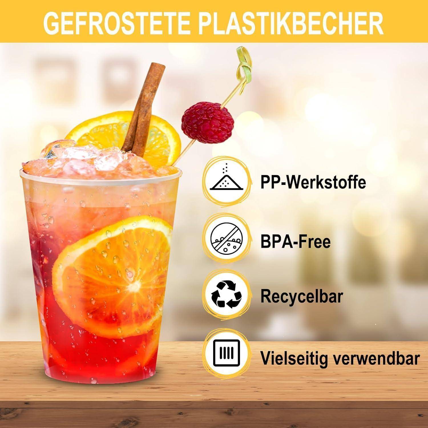 Eisgekühltes Getränk mit Orangenscheiben und einer Kirsche. Text: Gefrostete Plastikbecher. Eigenschaften: PP-Werkstoffe, BPA-frei, Recycelbar, Vielseitig verwendbar.