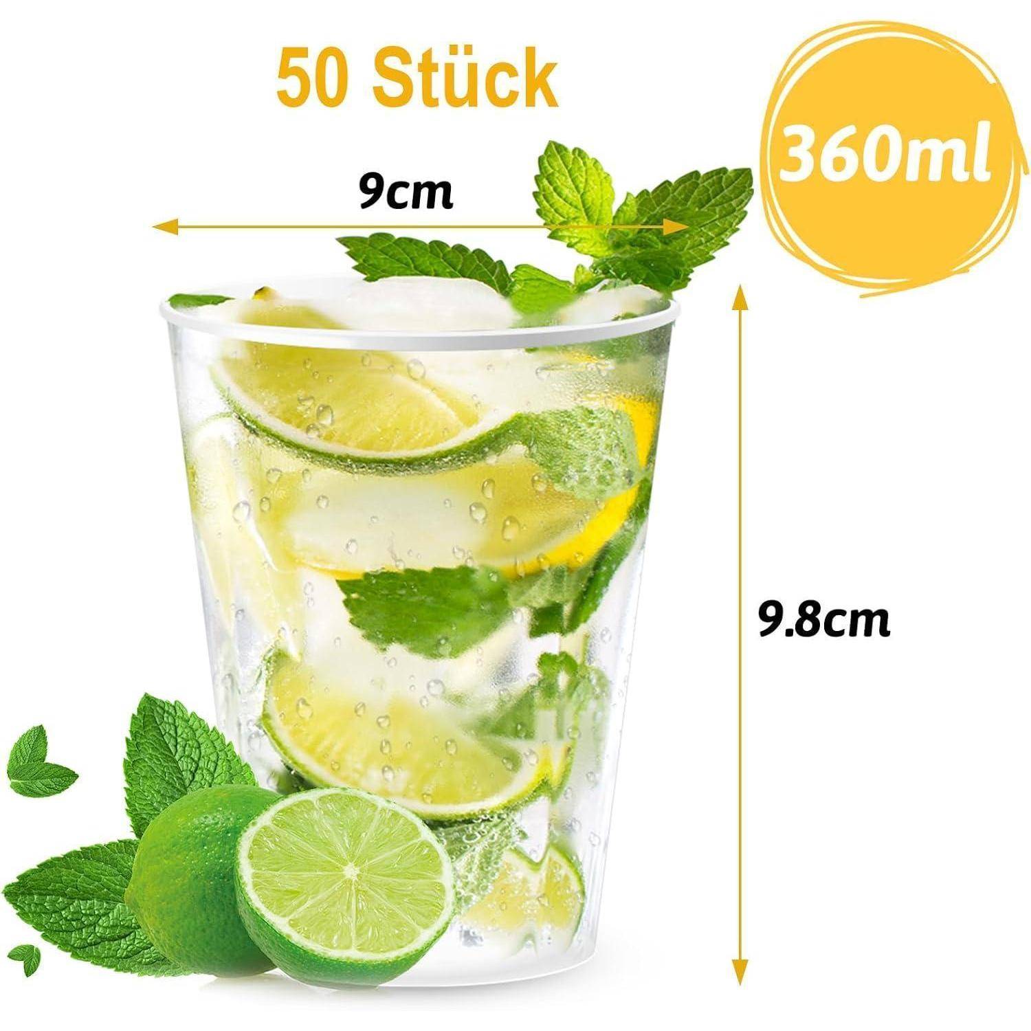 Ein durchsichtiger Becher mit Limettenscheiben und Minzblättern, gefüllt mit einer sprudelnden Flüssigkeit, markiert mit '360ml', '50 Stück', Abmessungen 9 cm x 9,8 cm.