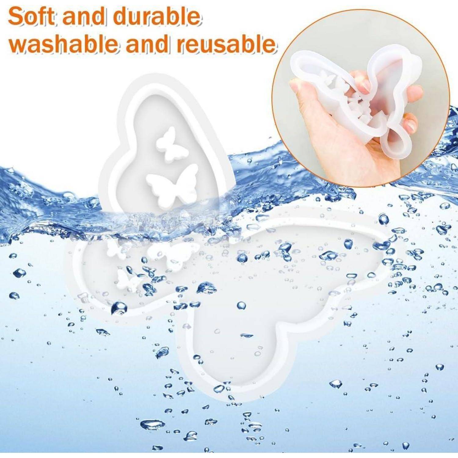 Eine weiße Schimmelart mit Schmetterlingsformen, die im Wasser eingetaucht ist, präsentiert ihre Eigenschaften: ‚Weich und langlebig, waschbar und wiederverwendbar.