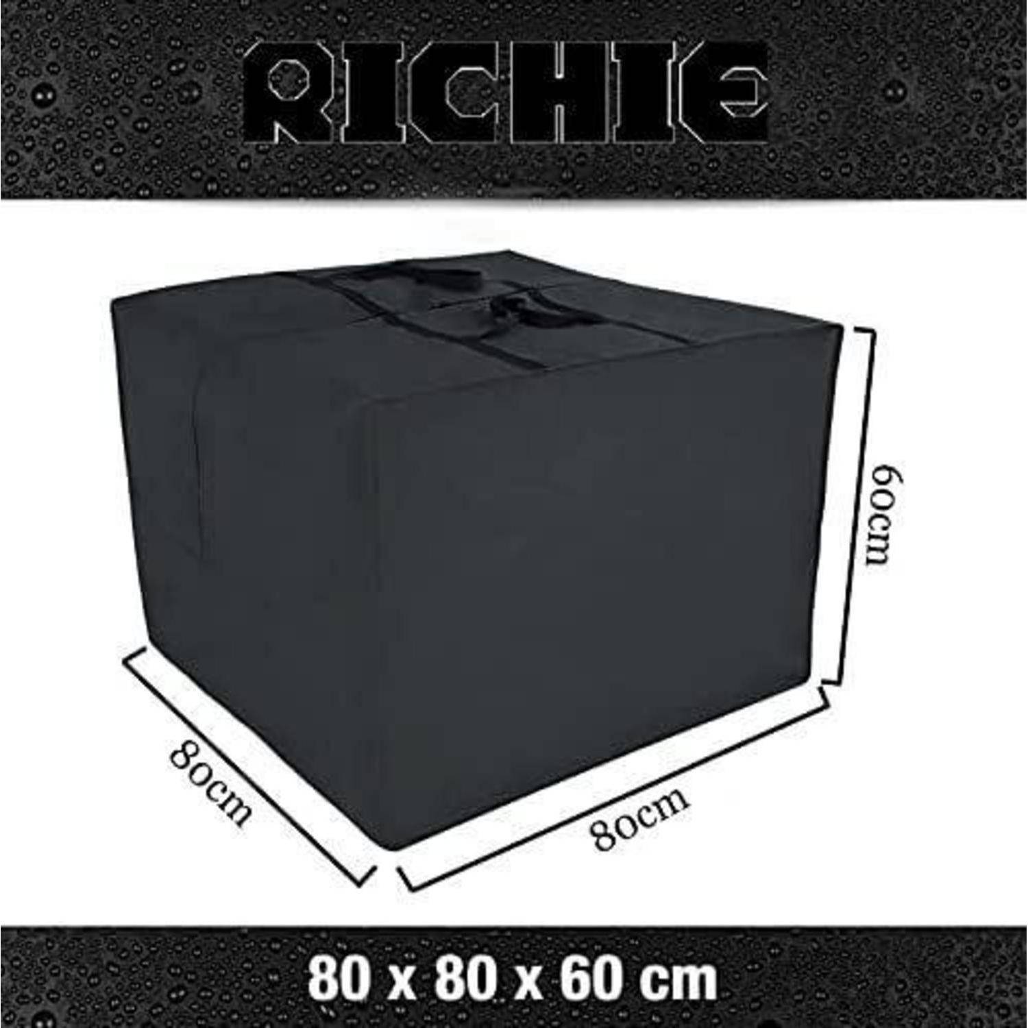 Schwarze Würfelabdeckung mit beschrifteten Abmessungen von 80 cm x 80 cm x 60 cm, mit strukturiertem Rand und dem Text 'RICHIE' am oberen Rand.