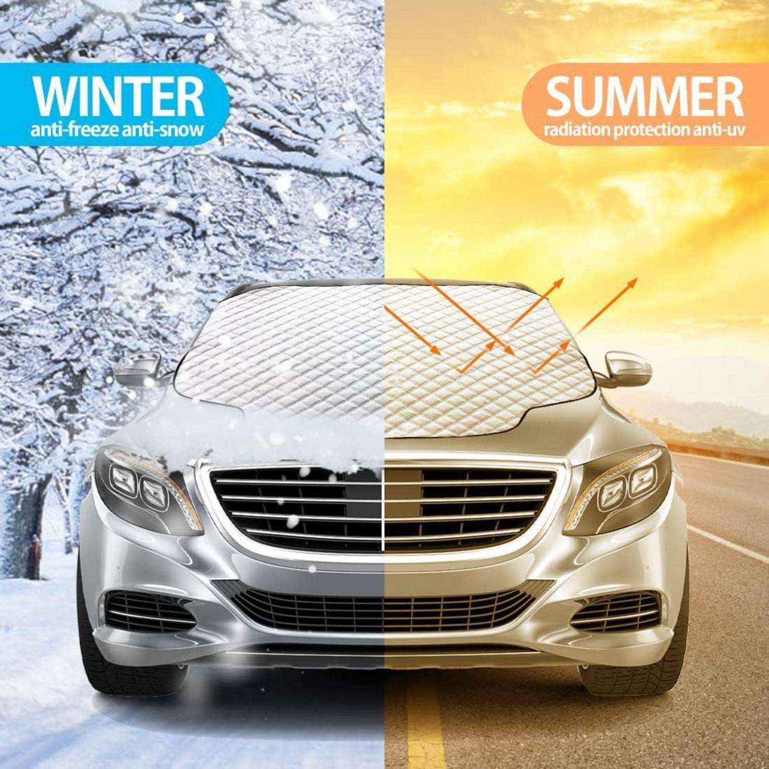 Auto mit geteilter Windschutzscheibenabdeckung: linke Seite Winter mit Schnee, beschriftet mit 