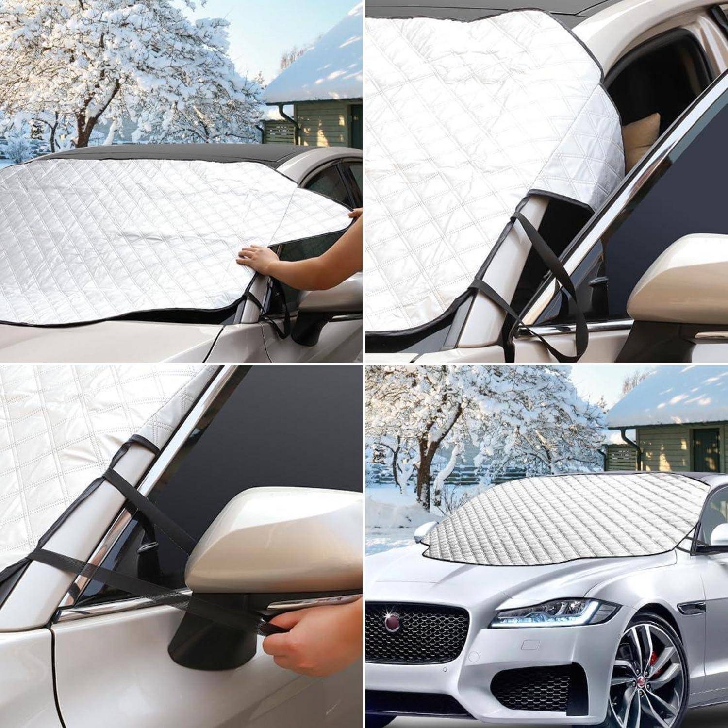 Auto im Freien, das mit einer weißen Schneedecke die Windschutzscheibe und Seitenspiegel schützt, um die Ansammlung von Schnee und Eis zu verhindern.