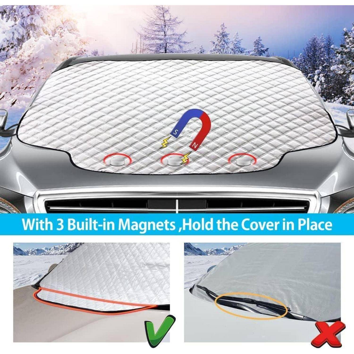 Autowinschutzabdeckung mit Magneten für sicheren Halt im Schnee. Oberes Bild zeigt Abdeckung auf dem Auto; untere Bilder vergleichen die richtige Verwendung mit der falschen Verwendung.