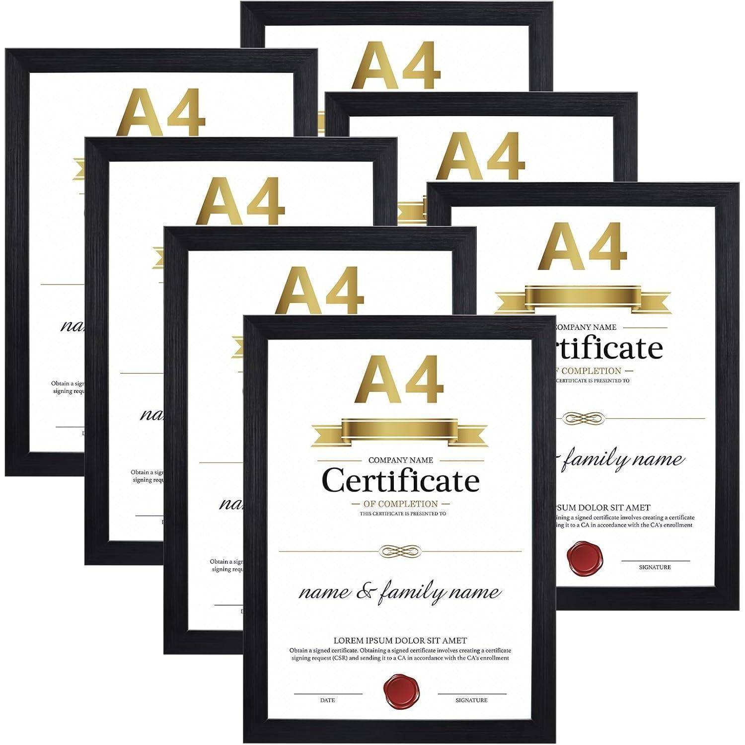 Mehrere Abschlusszeugnisse im Format 'A4', mit goldenen Akzenten, einem roten Siegel und Platz für Namen und Unterschrift, in einer Gruppe angeordnet.