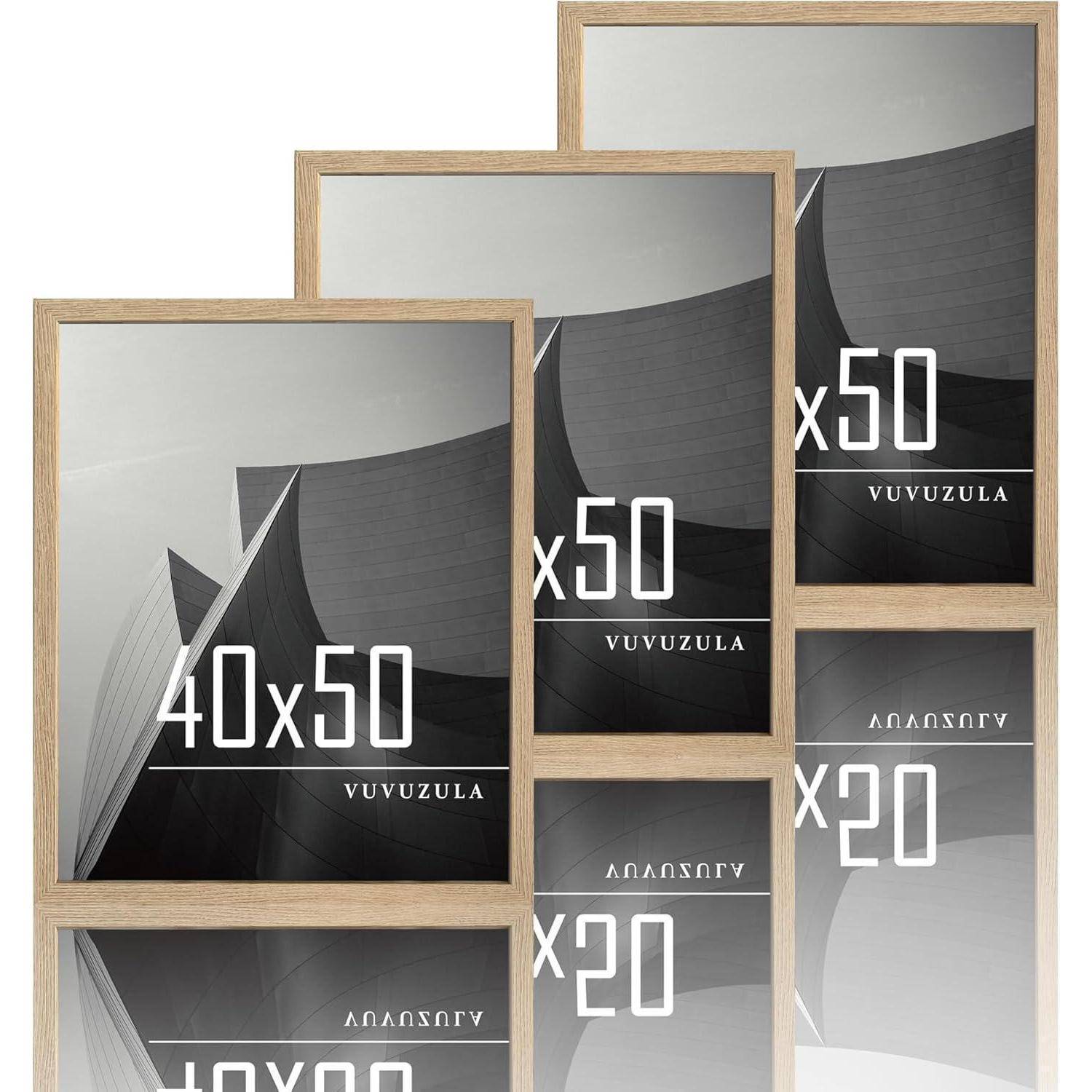 Gerahmtes Poster-Set in verschiedenen Größen mit Beschriftung '40x50' und '50x70'. Abstrakte architektonische Gestaltung auf schwarzen und weißen Hintergründen.