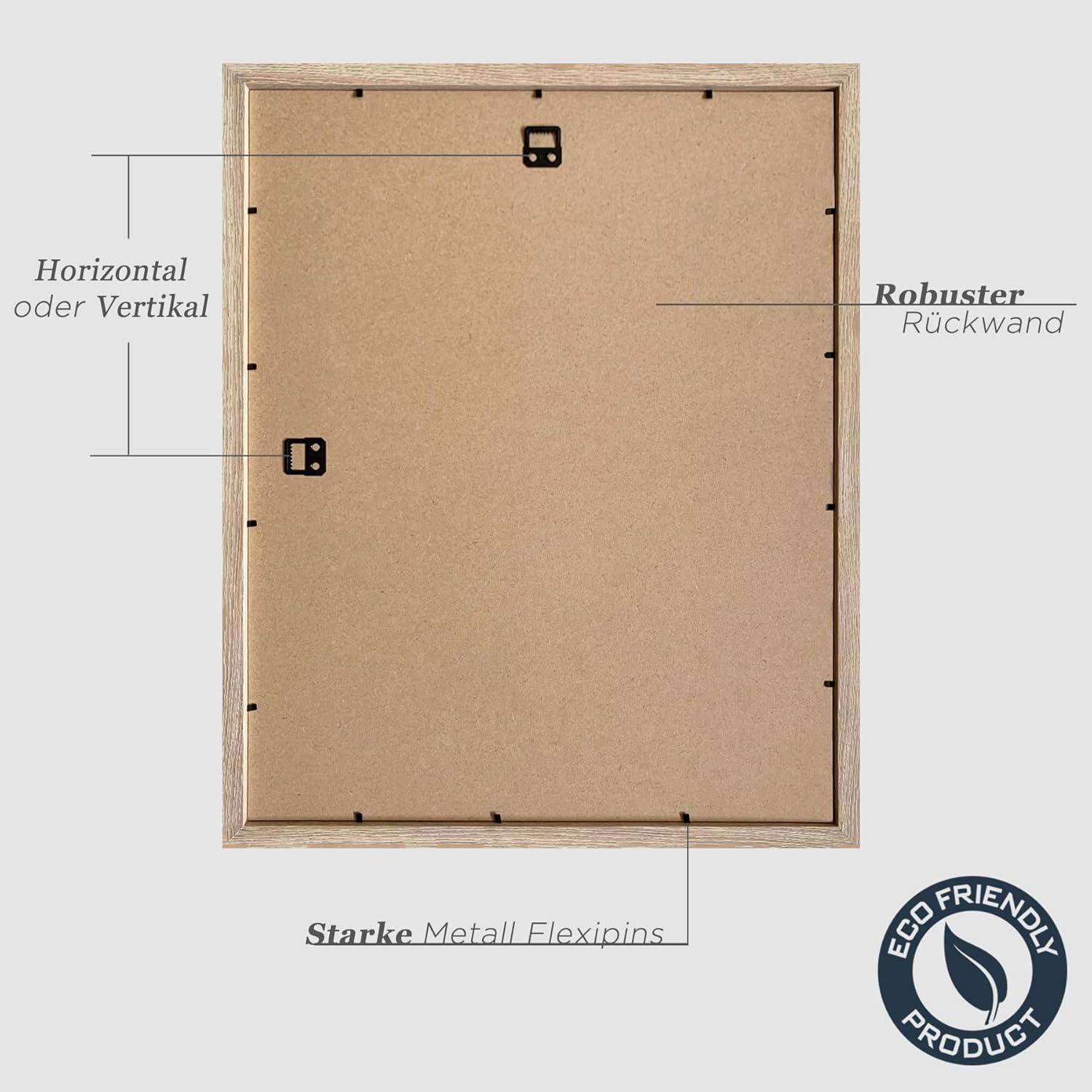 Ein Rahmen mit sicheren Flexipins, gekennzeichnet für horizontale oder vertikale Nutzung, robuste Rückwand. Umweltfreundliches Etikett in der unteren rechten Ecke.