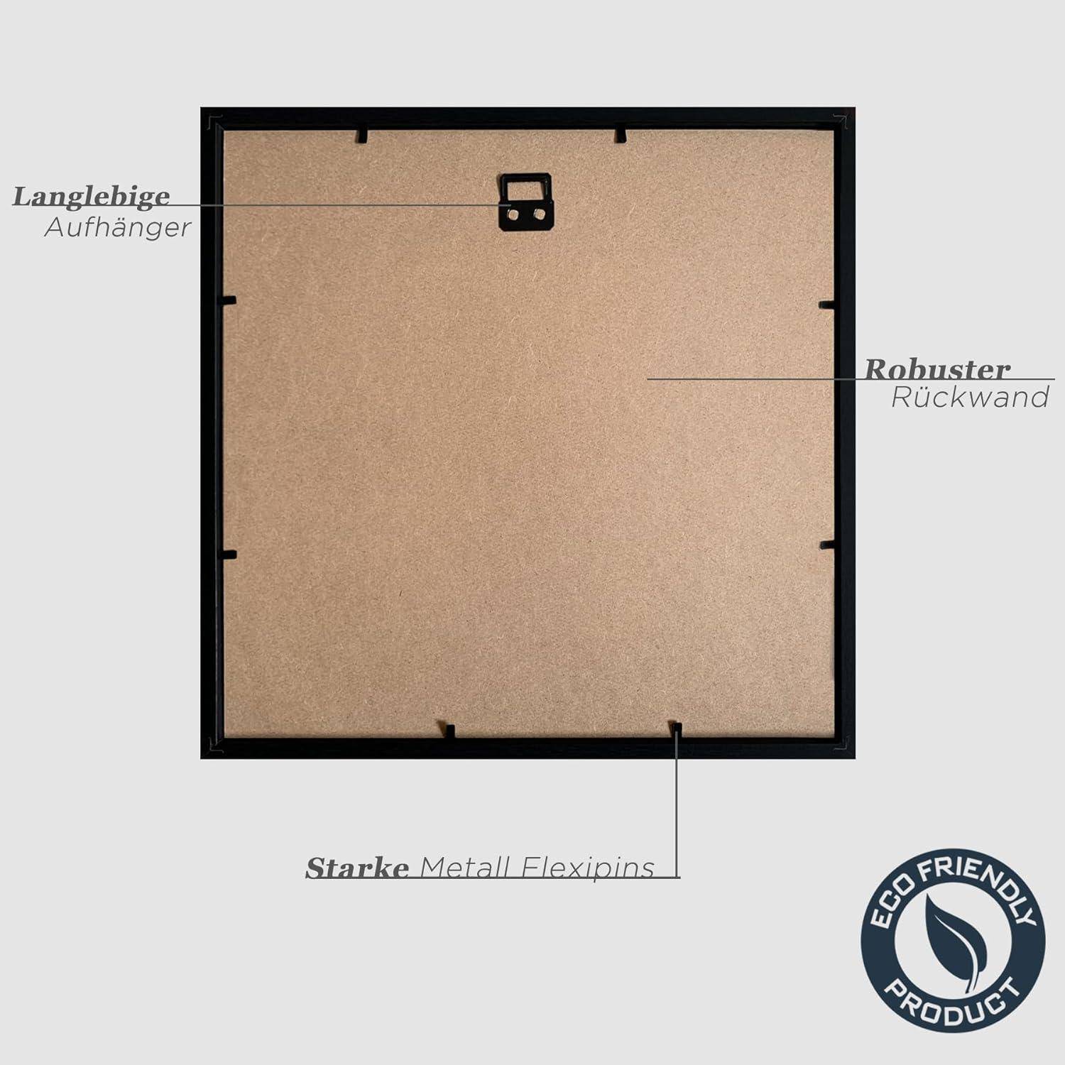 Langlebige Aufhänger', 'Robuster Rückwand' und 'Starke Metall Flexipins' beschreiben Merkmale einer gerahmten Rückwand. Logo für 'Umweltfreundliches Produkt' enthalten.