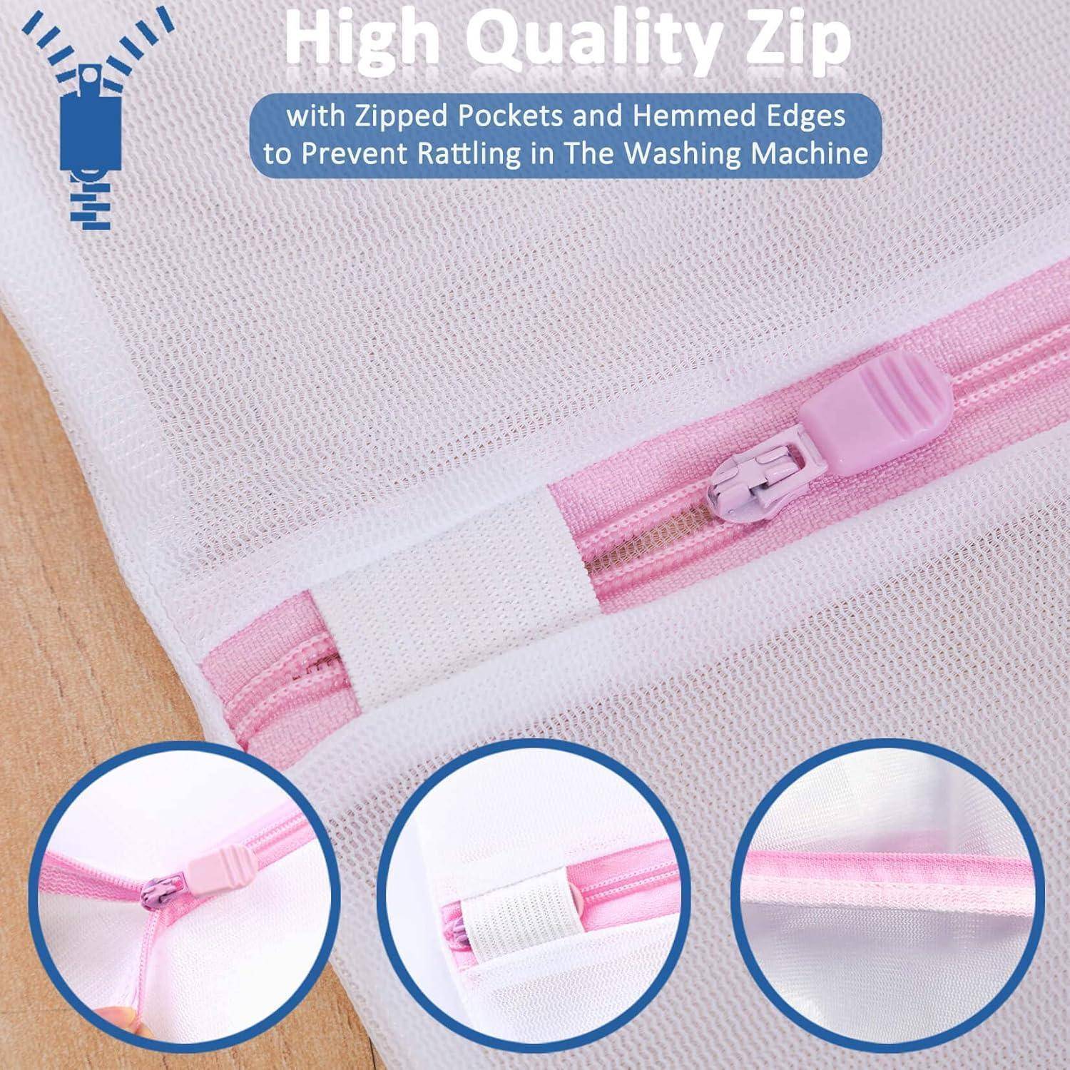 Hochwertiger Reißverschluss mit Nahaufnahmen eines rosa Reißverschlusses an einer weißen Stofftasche, mit Hervorhebung von ‚Reißverschlusstaschen und gesäumten Kanten'.