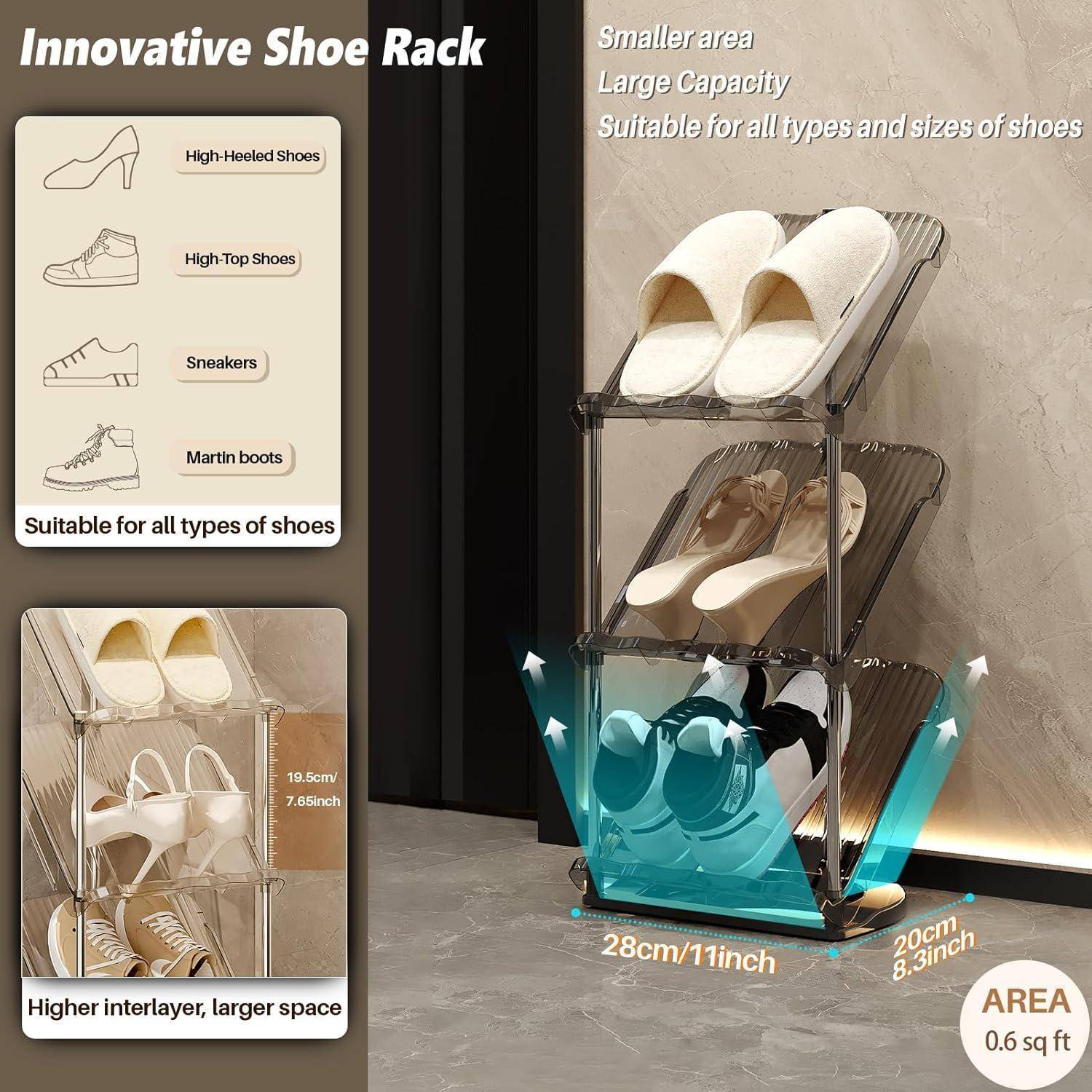 Schuhregal mit dreistufigem Design, das verschiedene Schuhe aufnehmen kann. Geeignet für High Heels, Sneaker, Martinsstiefel. Fläche: 0,6 m².